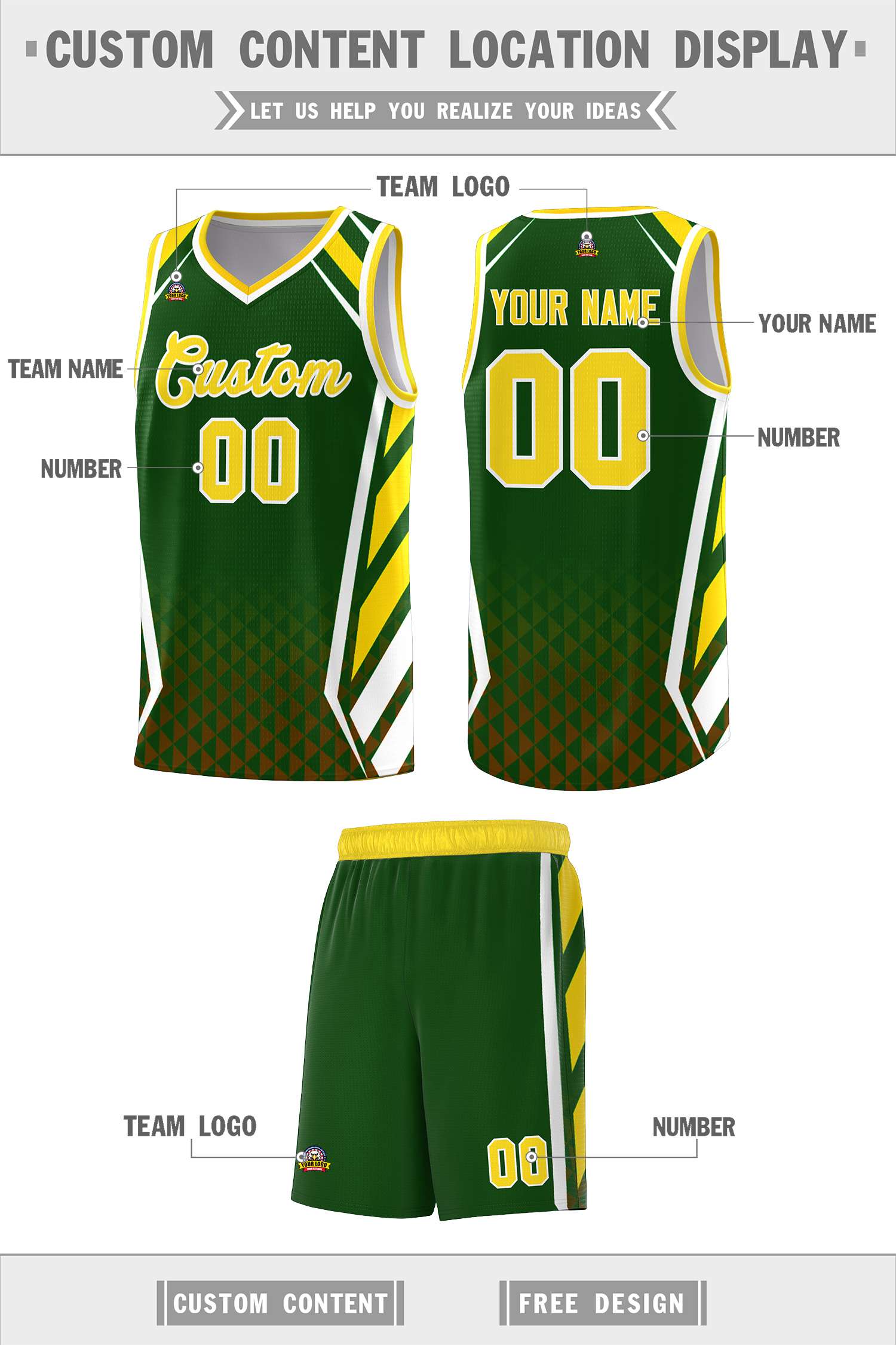 Custom Green Gold Diamond Pattern Side Slash Sports Uniform Basketball Jersey