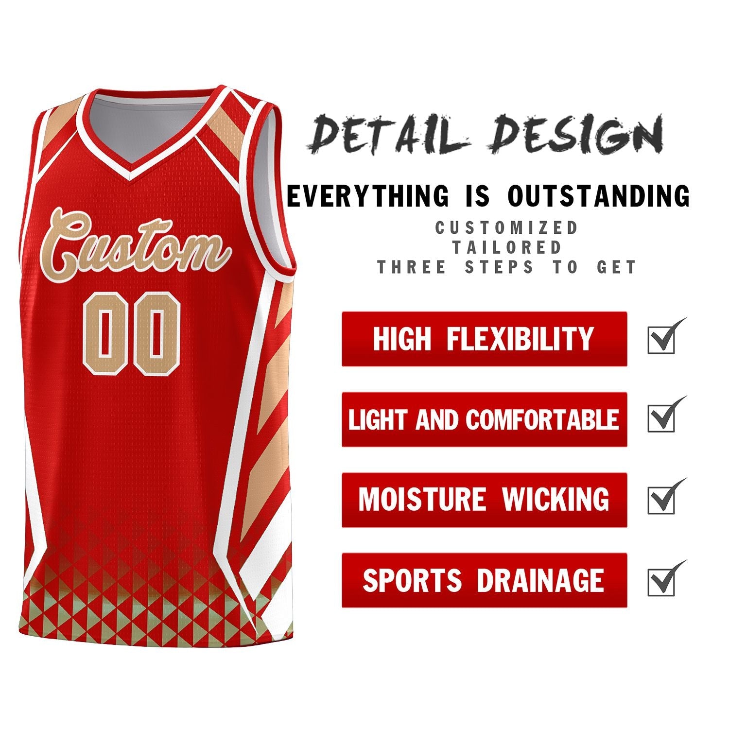 Custom Red Old Gold Diamond Pattern Side Slash Sports Uniform Basketball Jersey