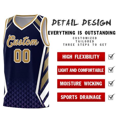 Custom Navy Old Gold Diamond Pattern Side Slash Sports Uniform Basketball Jersey