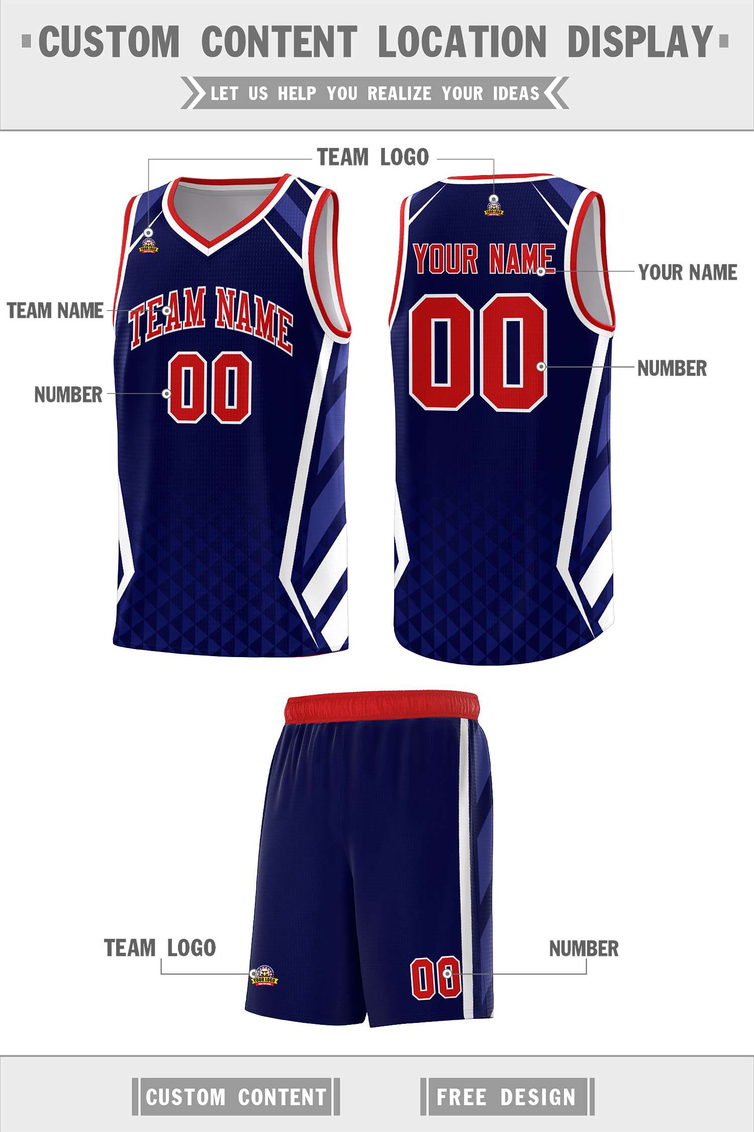 Custom Navy Red Diamond Pattern Side Slash Sports Uniform Basketball Jersey