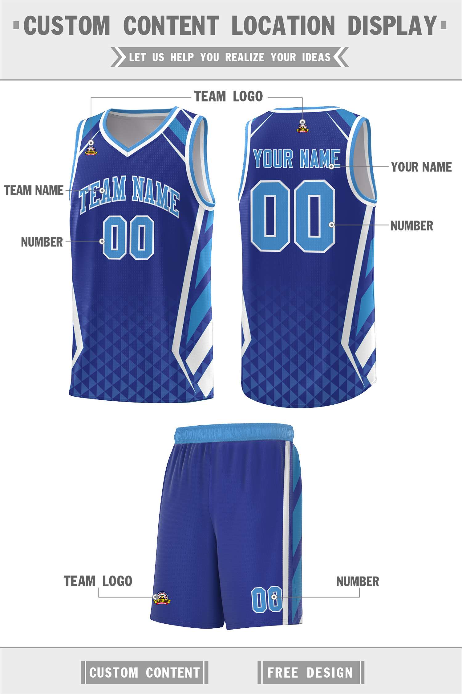 Custom Royal Powder Blue Diamond Pattern Side Slash Sports Uniform Basketball Jersey