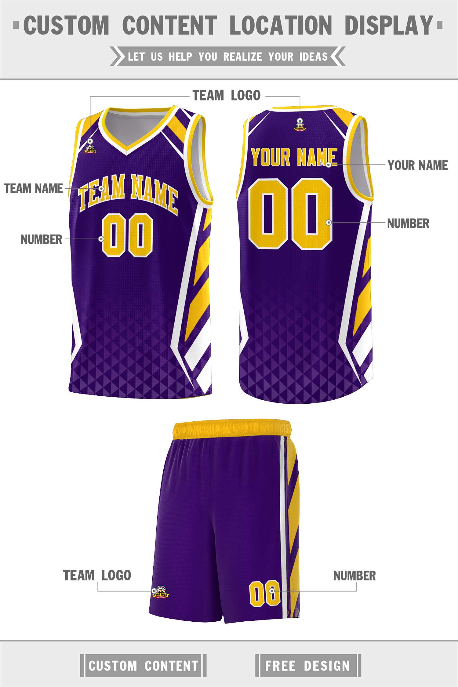 Custom Purple Gold Diamond Pattern Side Slash Sports Uniform Basketball Jersey