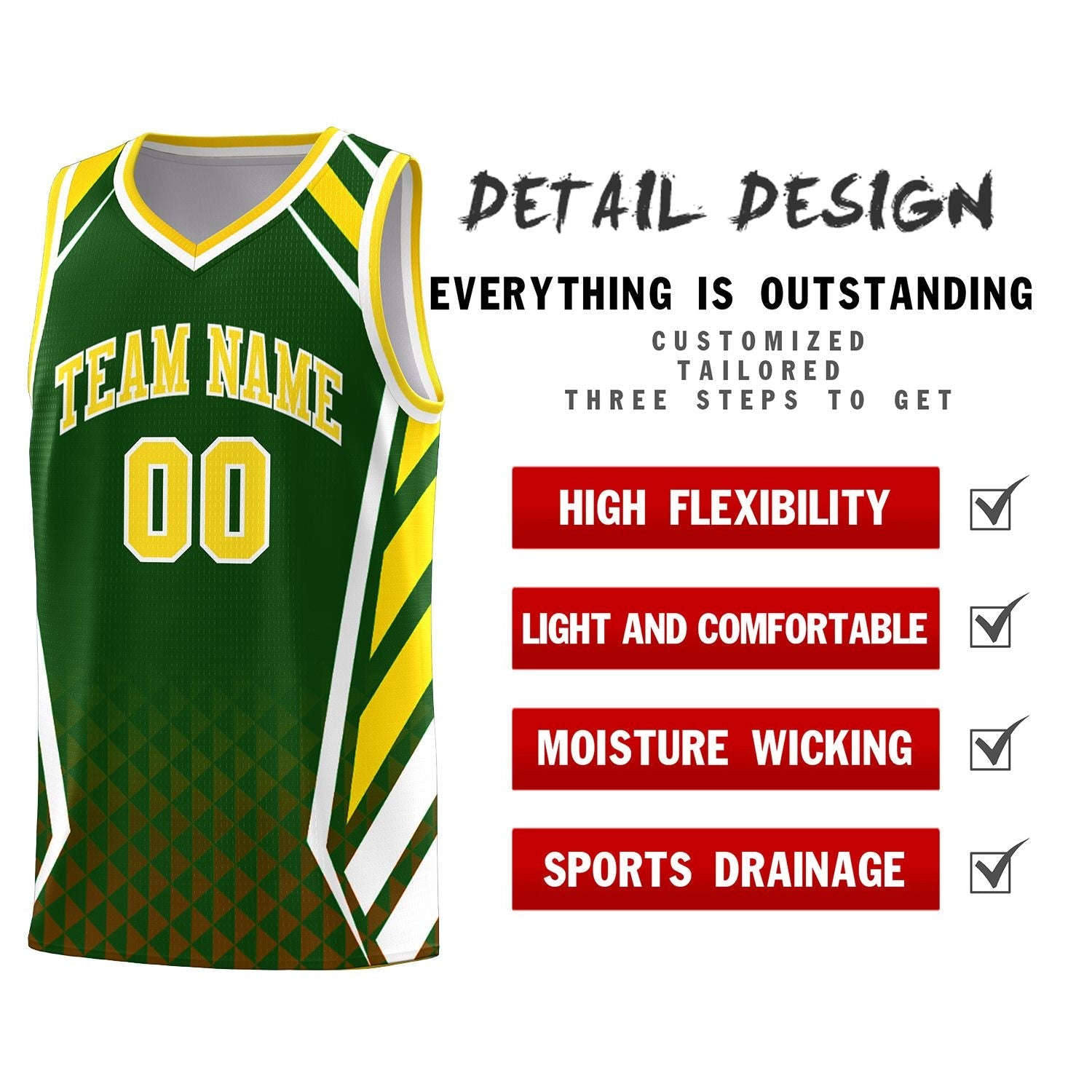 Custom Green Gold Diamond Pattern Side Slash Sports Uniform Basketball Jersey