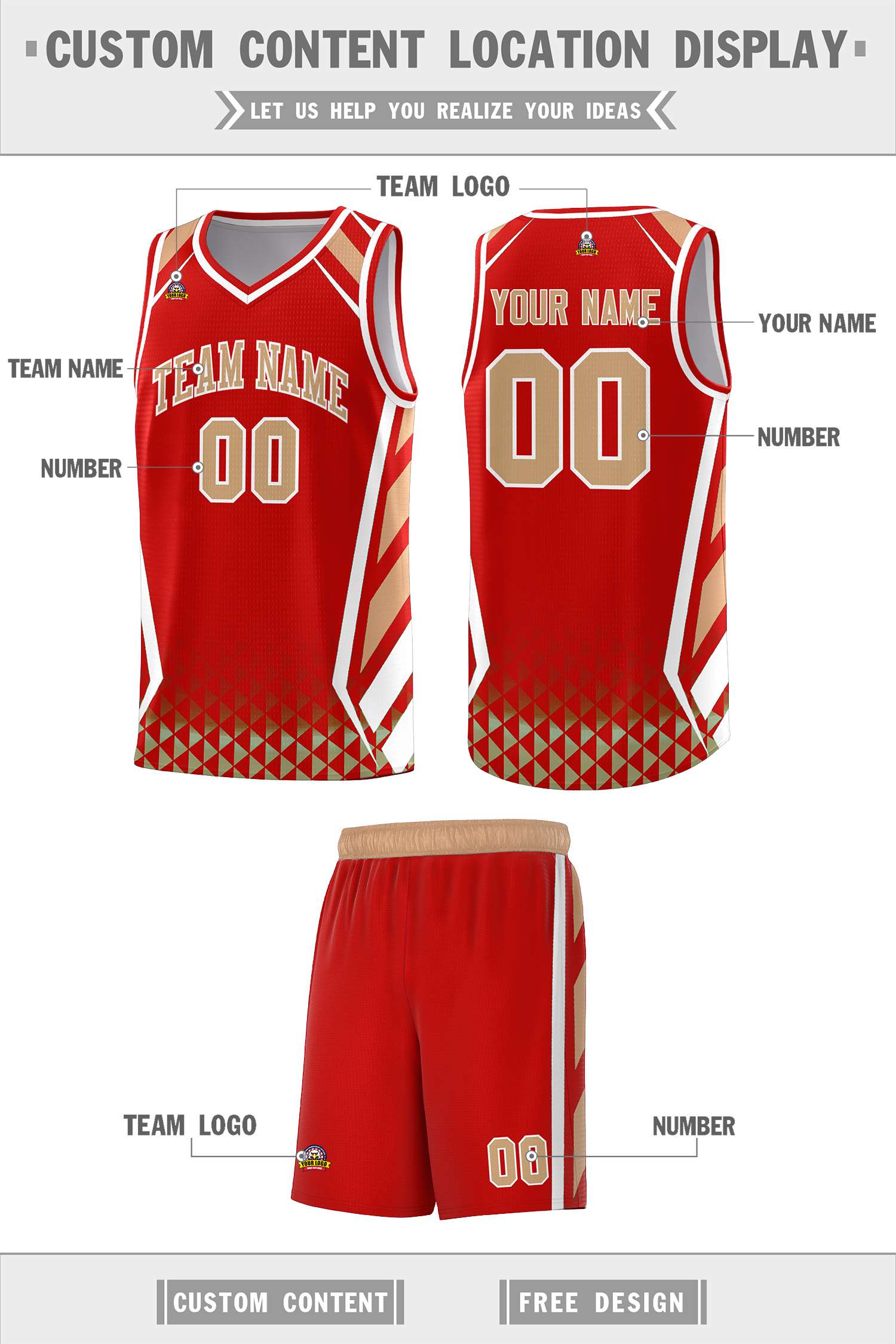 Custom Red Old Gold Diamond Pattern Side Slash Sports Uniform Basketball Jersey