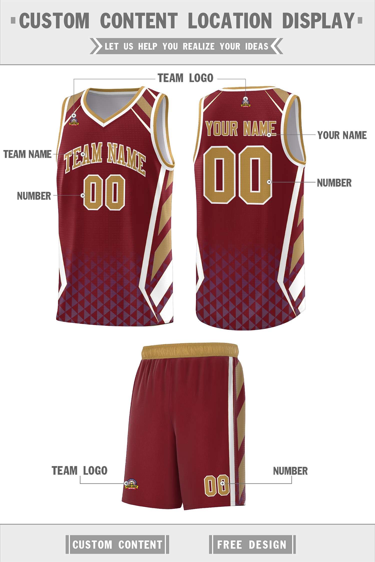 Custom Crimson Old Gold Diamond Pattern Side Slash Sports Uniform Basketball Jersey