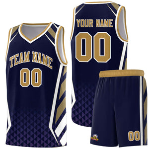 Custom Navy Old Gold Diamond Pattern Side Slash Sports Uniform Basketball Jersey