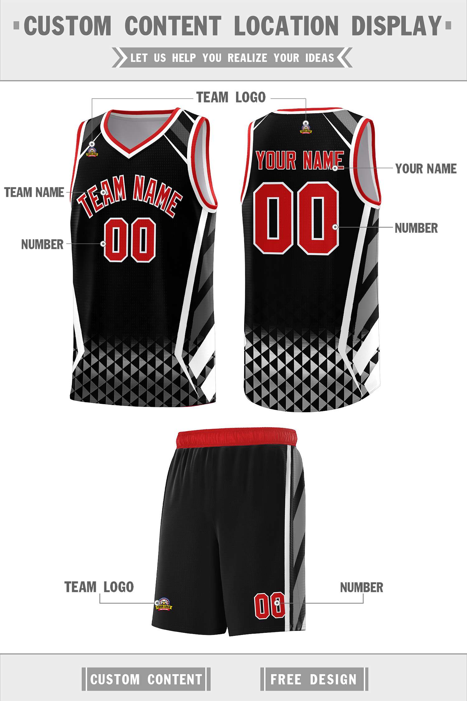 Custom Black Red Diamond Pattern Side Slash Sports Uniform Basketball Jersey