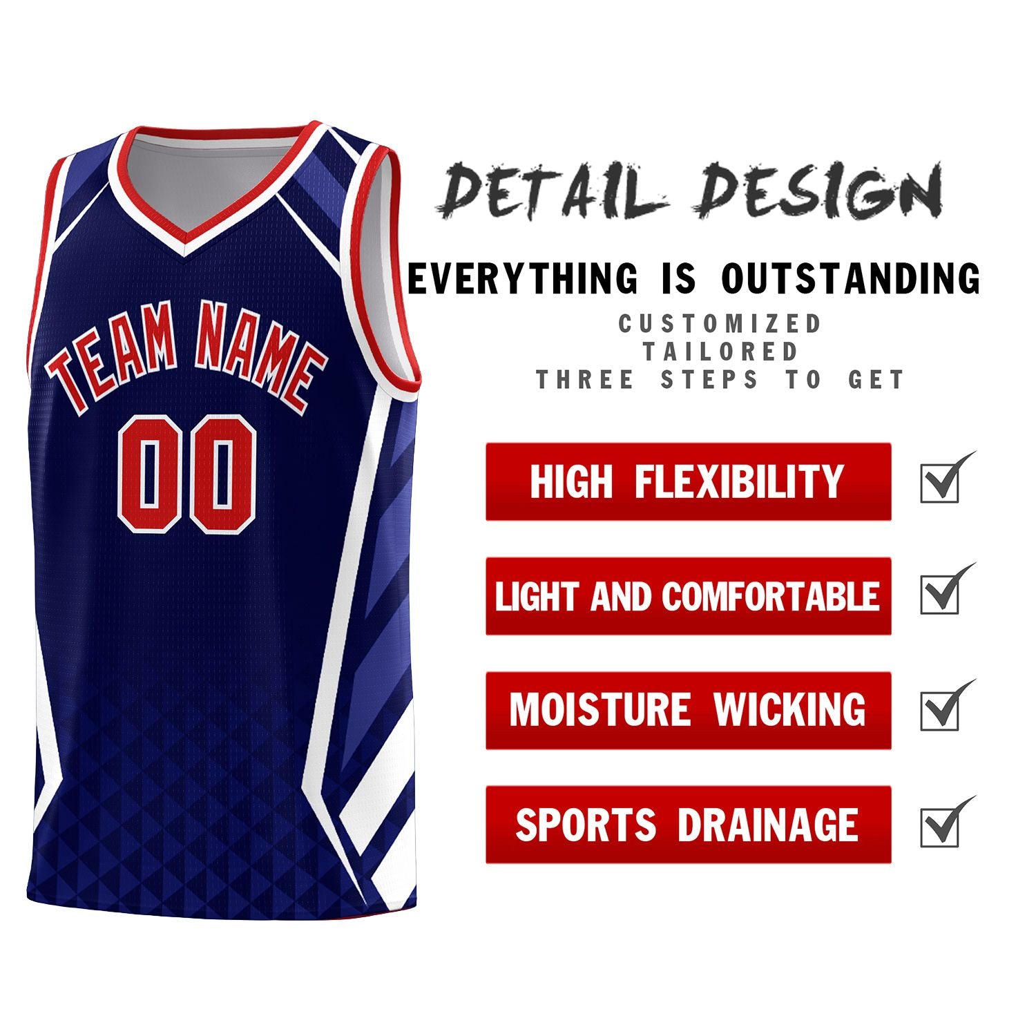 Custom Navy Red Diamond Pattern Side Slash Sports Uniform Basketball Jersey