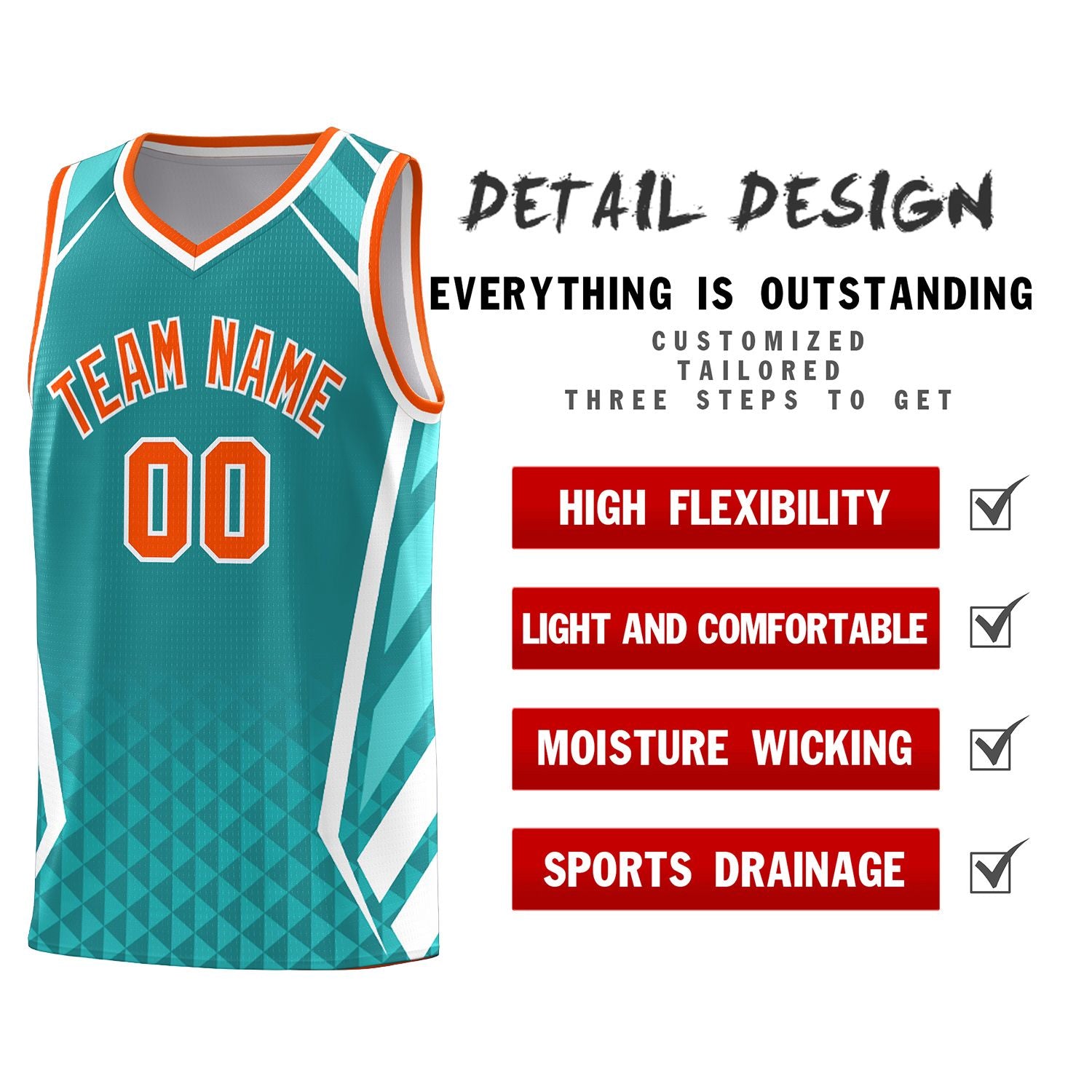 Custom Aqua Orange Diamond Pattern Side Slash Sports Uniform Basketball Jersey