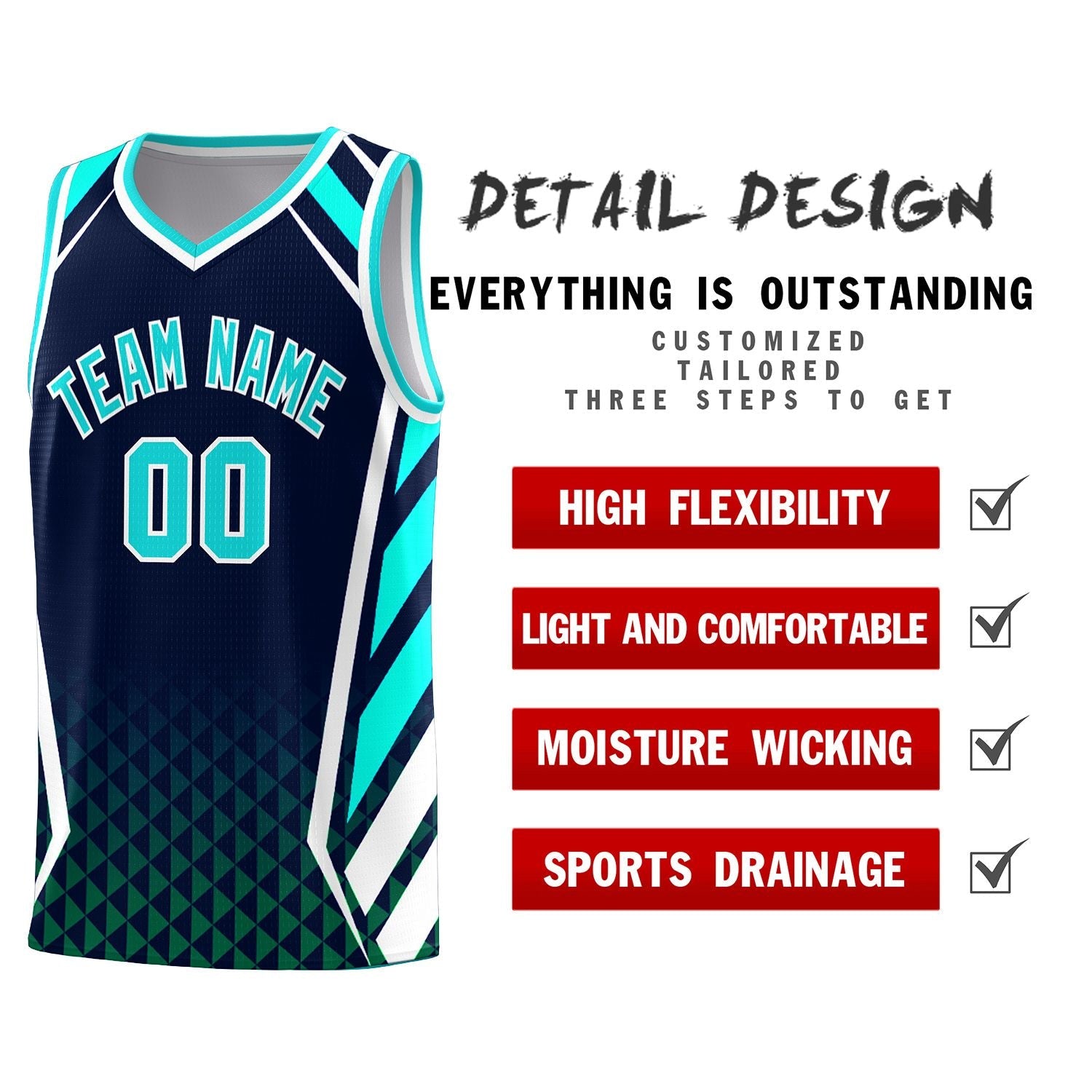 Custom Navy Sky Blue Diamond Pattern Side Slash Sports Uniform Basketball Jersey