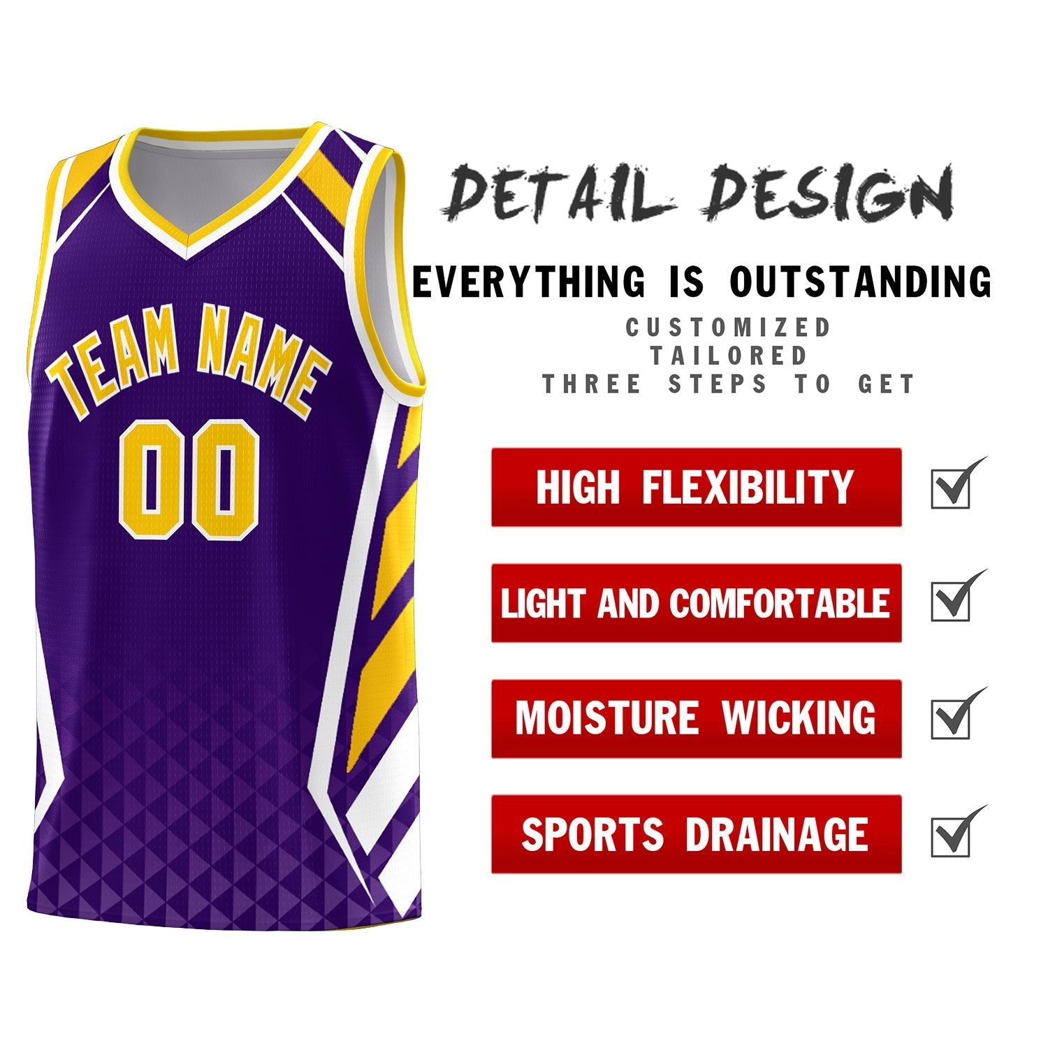 Custom Purple Gold Diamond Pattern Side Slash Sports Uniform Basketball Jersey