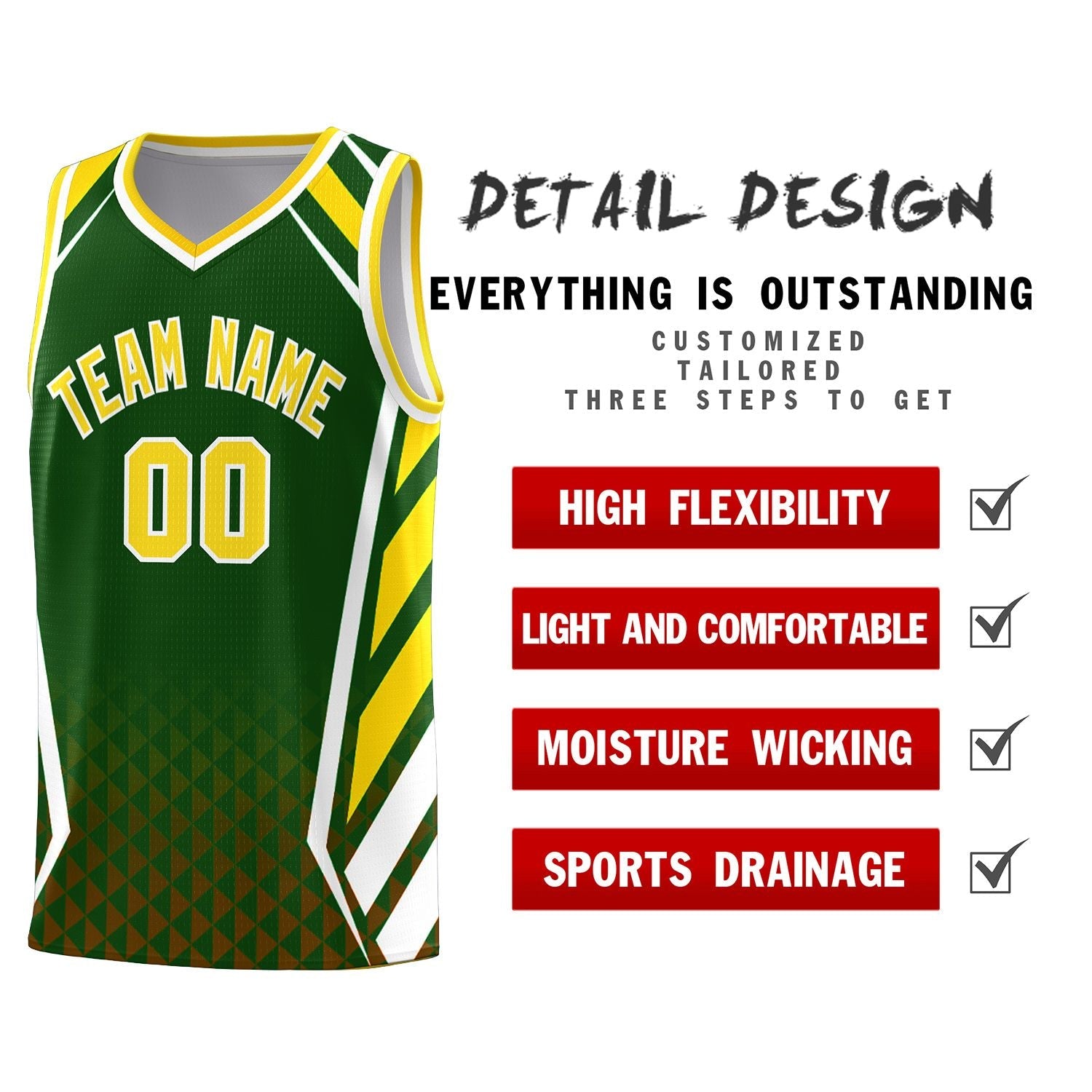 Custom Green Gold Diamond Pattern Side Slash Sports Uniform Basketball Jersey