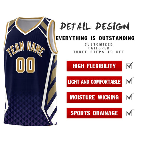Custom Navy Old Gold Diamond Pattern Side Slash Sports Uniform Basketball Jersey