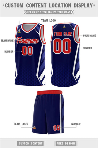 Custom Navy Red Diamond Pattern Side Slash Sports Uniform Basketball Jersey