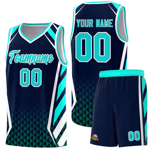 Custom Navy Sky Blue Diamond Pattern Side Slash Sports Uniform Basketball Jersey