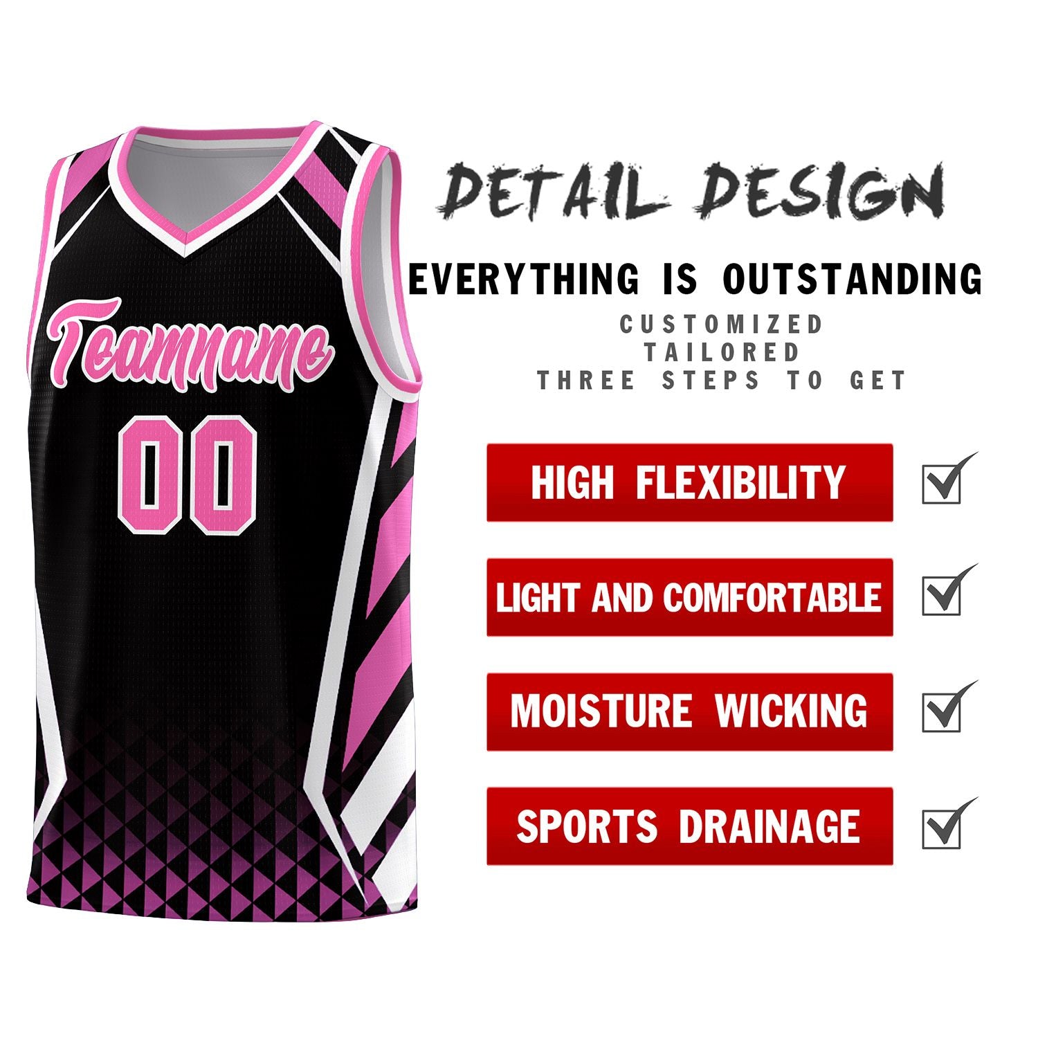 Custom Black Pink Diamond Pattern Side Slash Sports Uniform Basketball Jersey