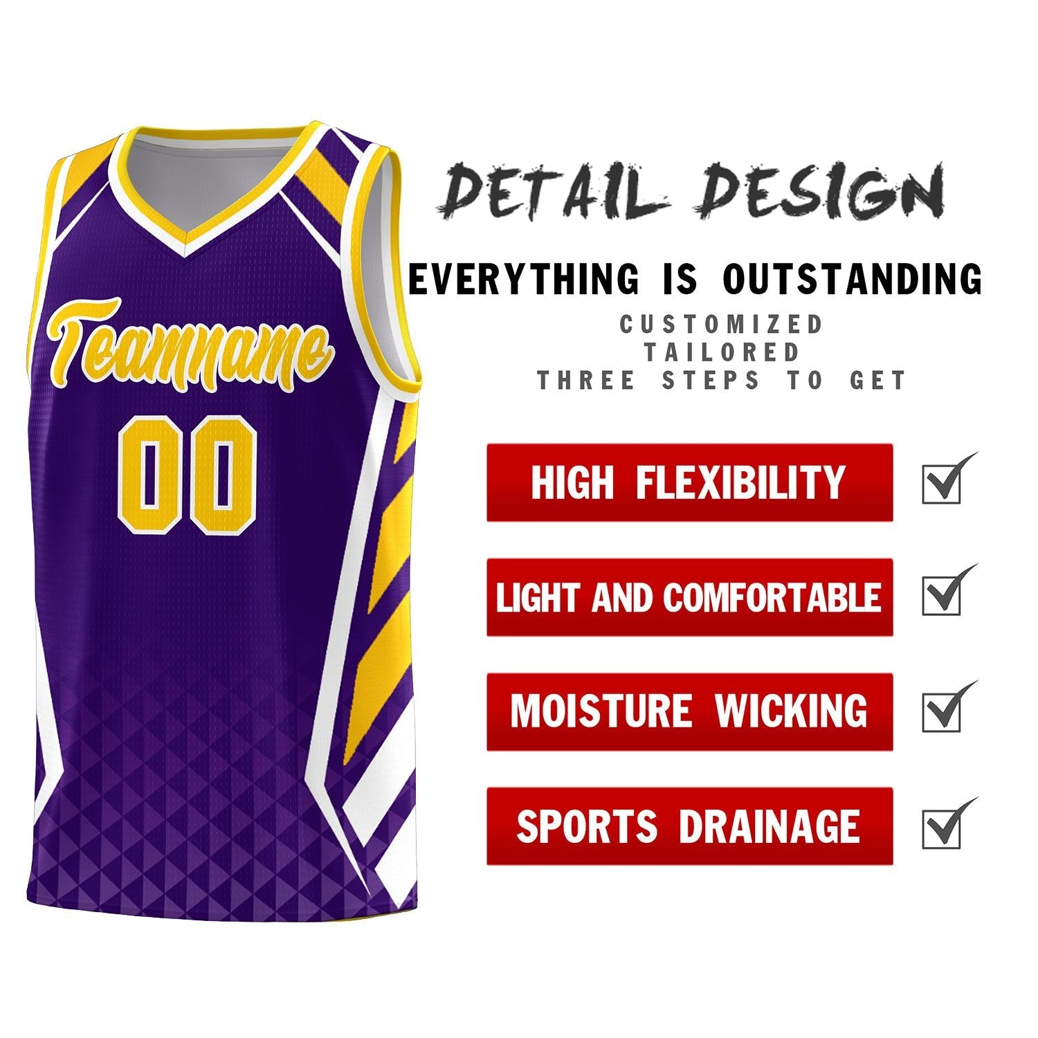 Custom Purple Gold Diamond Pattern Side Slash Sports Uniform Basketball Jersey