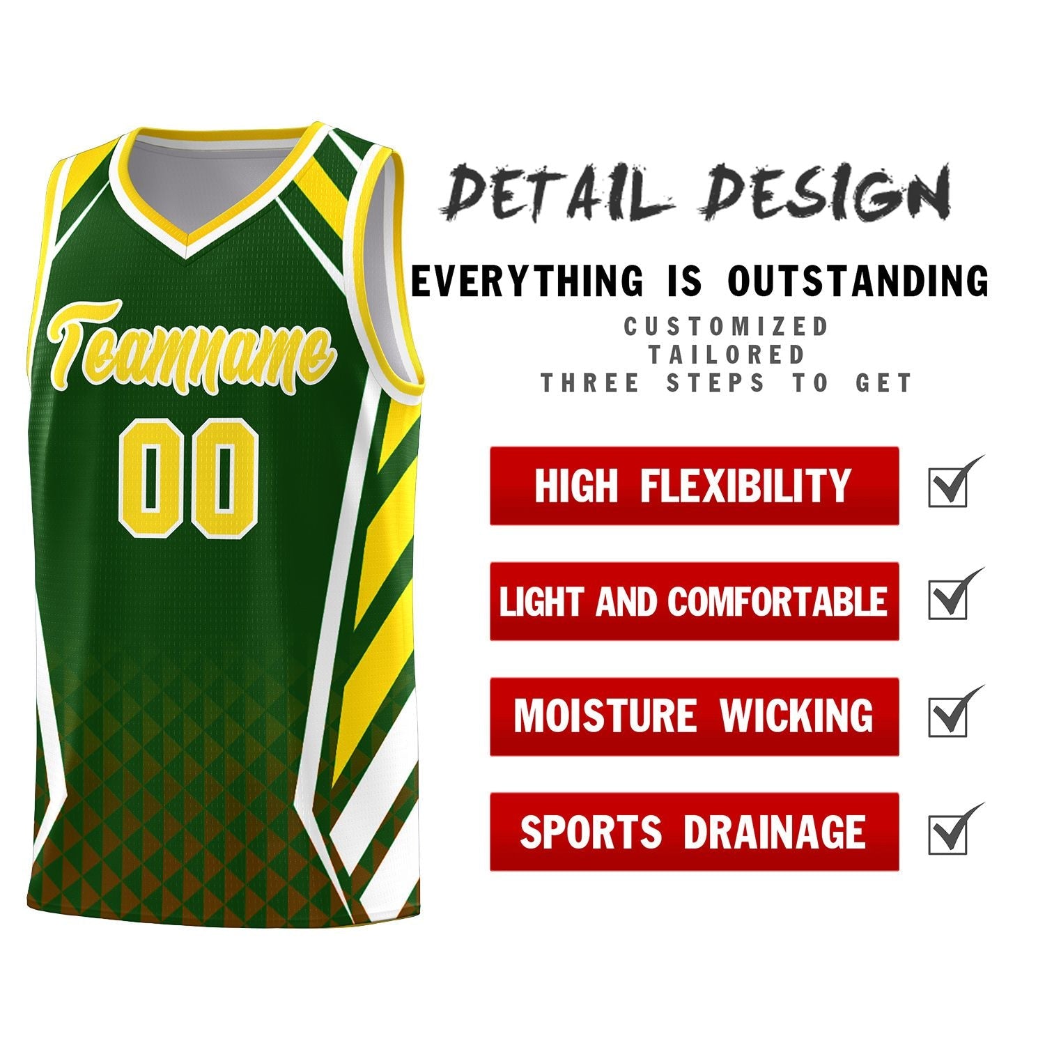 Custom Green Gold Diamond Pattern Side Slash Sports Uniform Basketball Jersey