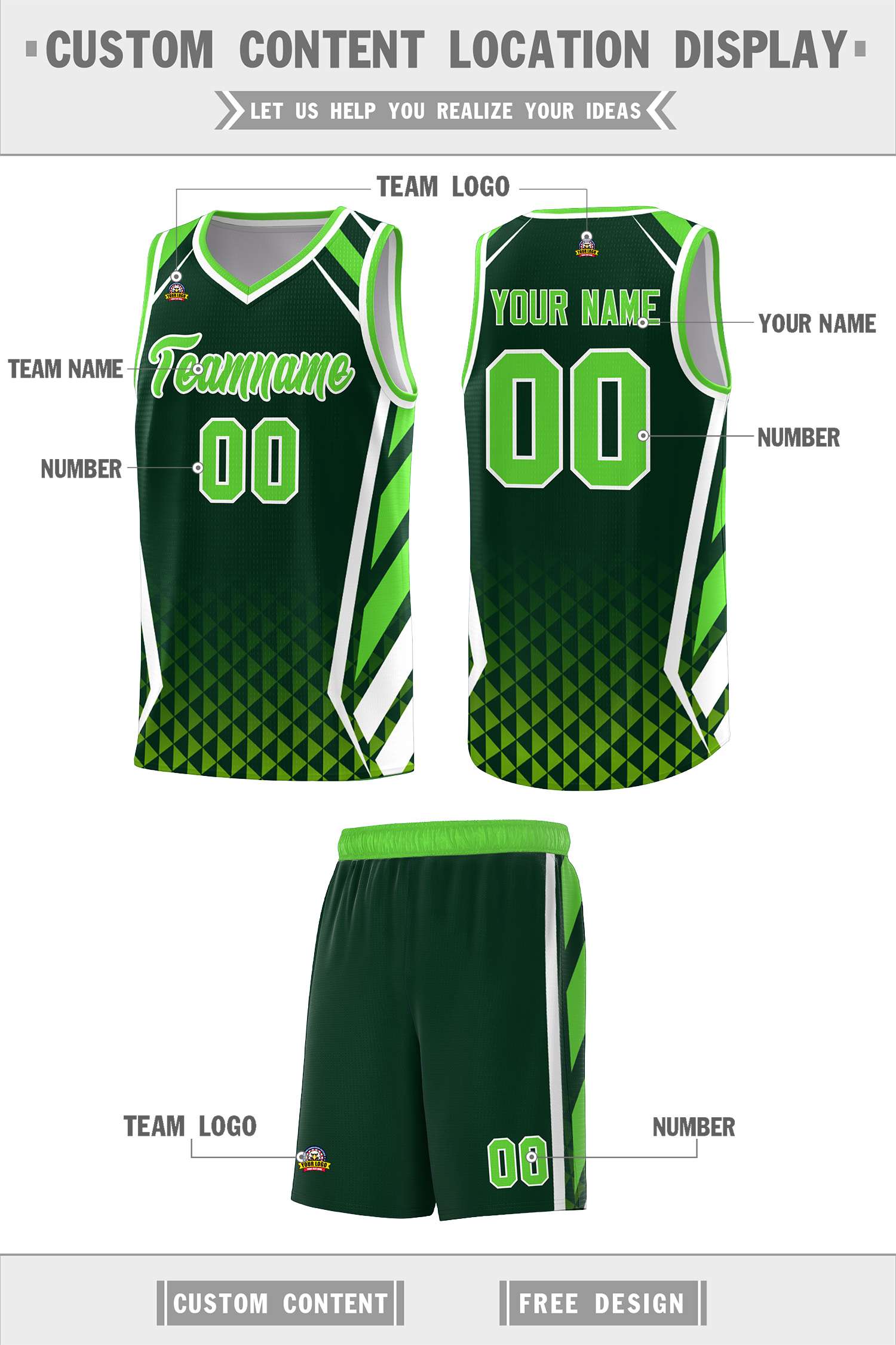 Custom Green Neon Green Diamond Pattern Side Slash Sports Uniform Basketball Jersey