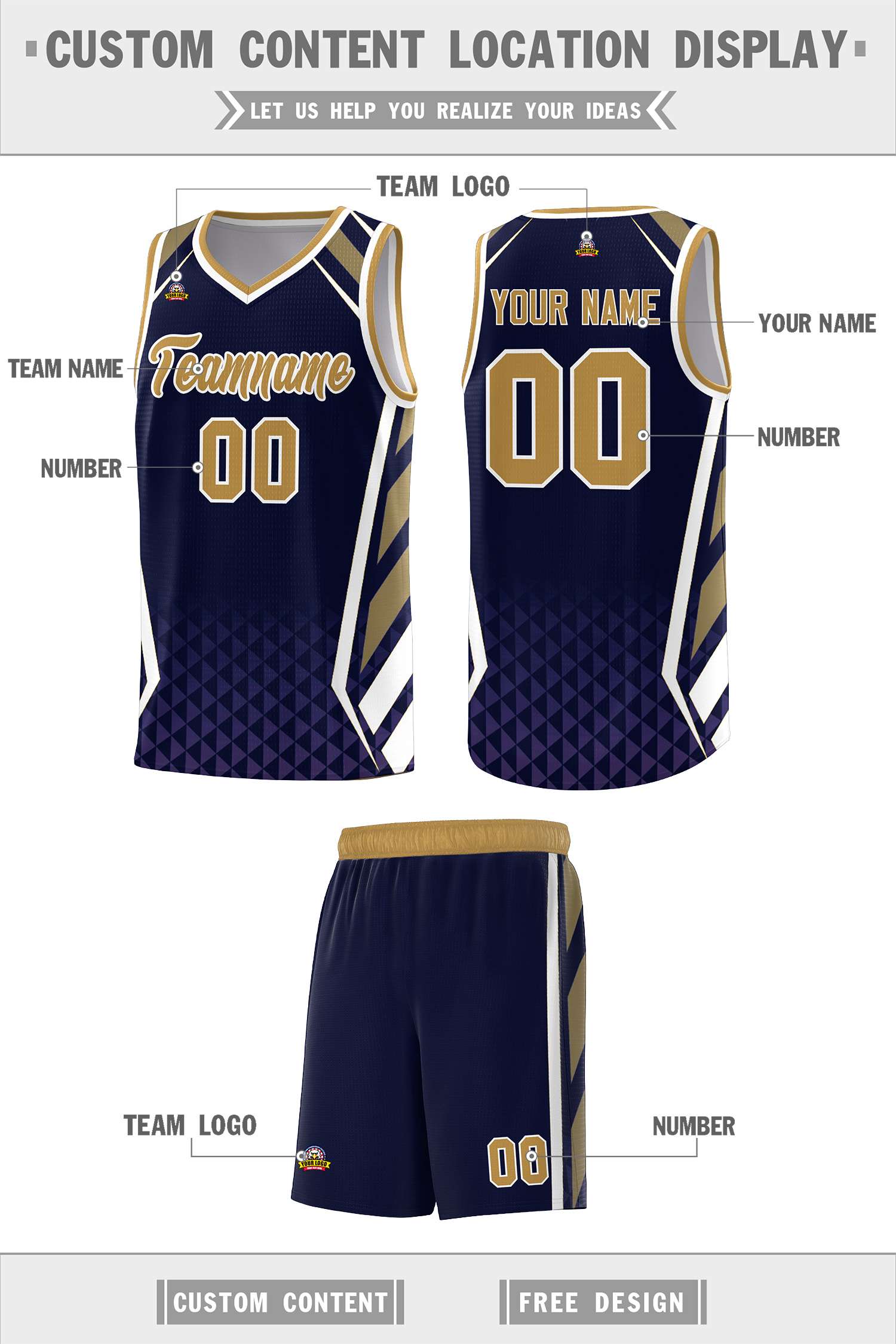 Custom Navy Old Gold Diamond Pattern Side Slash Sports Uniform Basketball Jersey