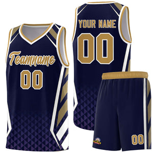 Custom Navy Old Gold Diamond Pattern Side Slash Sports Uniform Basketball Jersey