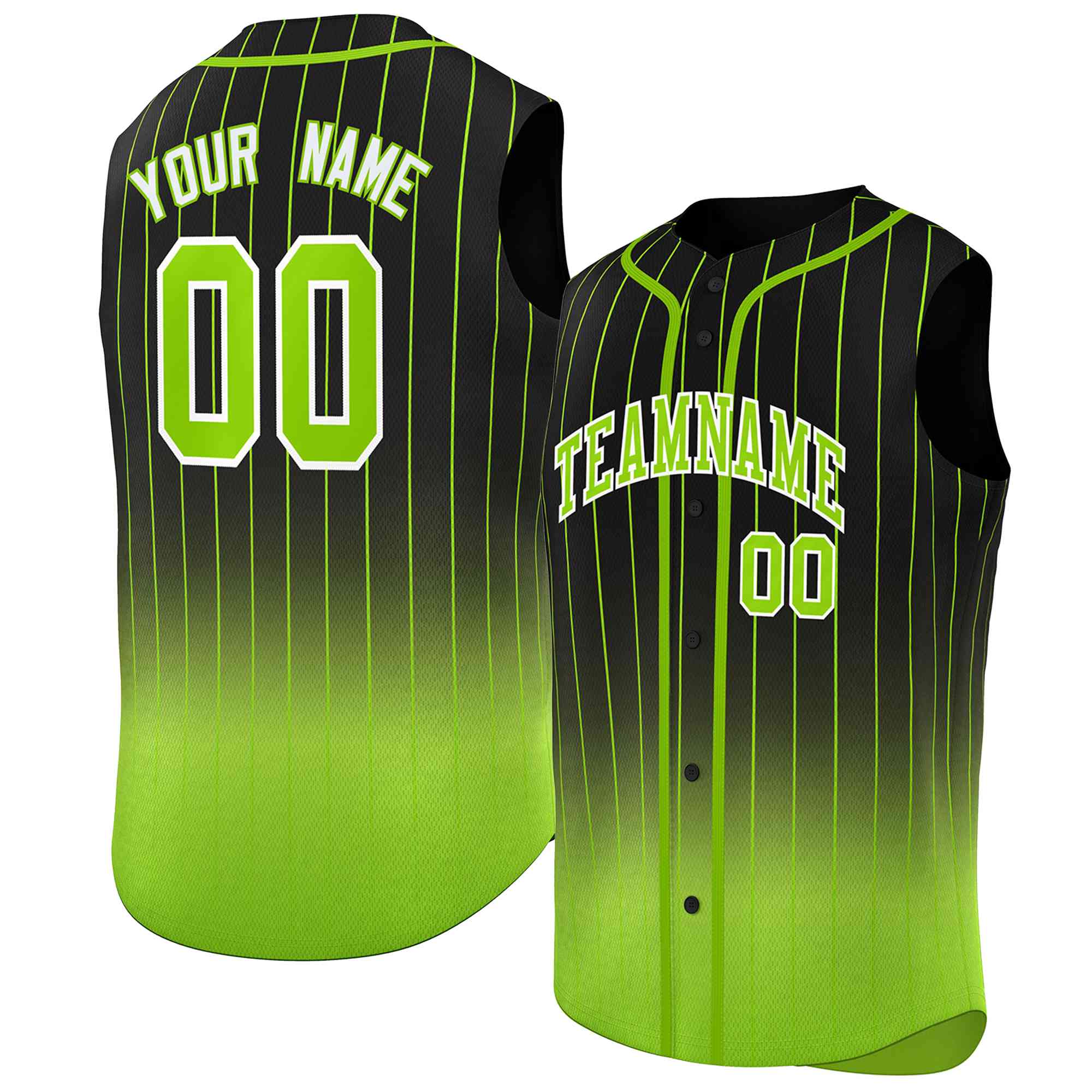 Maillot de baseball sans manches, personnalisé, noir, vert fluo, rayures dégradées, mode authentique