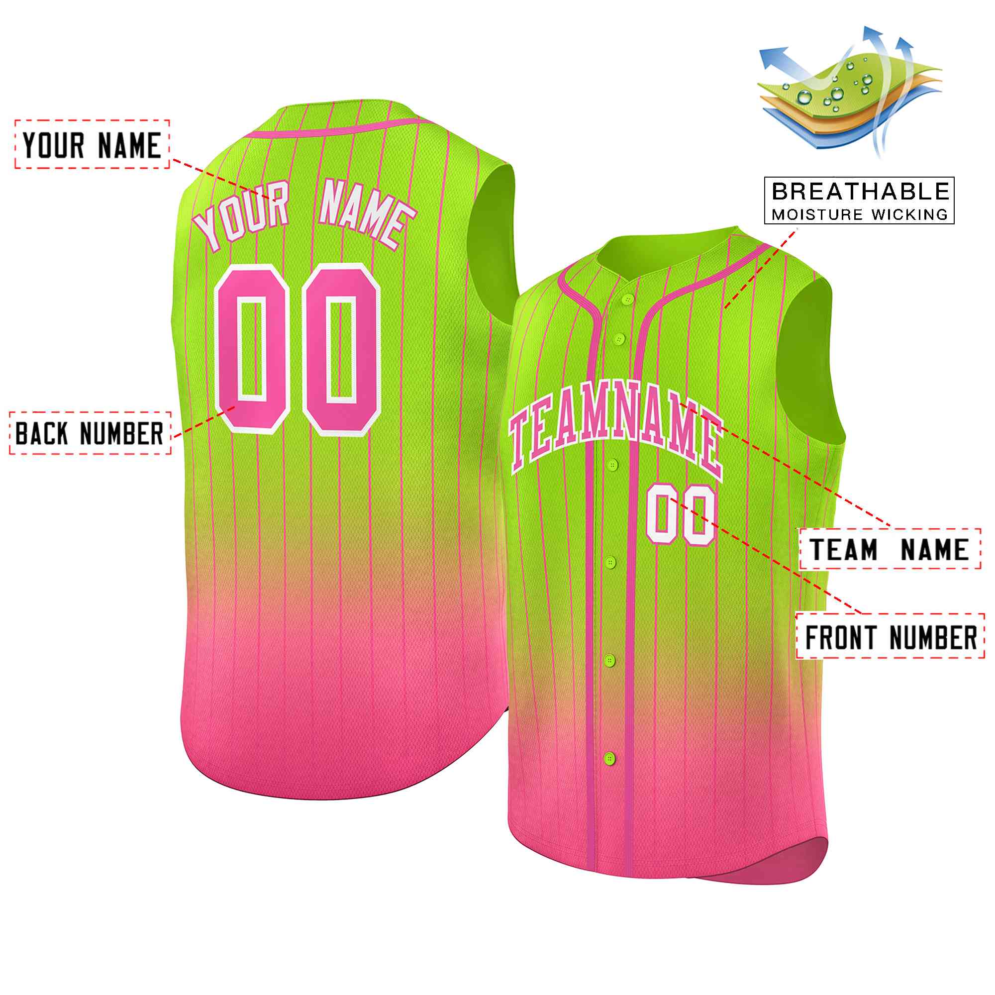 Custom Neon Green Pink Gradient stripe Fashion Authentic Sleeveless Baseball Jersey