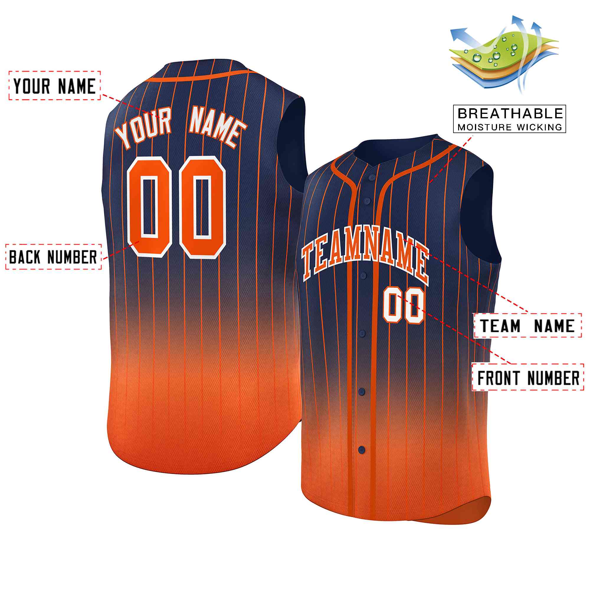 Custom Navy Orange Gradient stripe Fashion Authentic Sleeveless Baseball Jersey