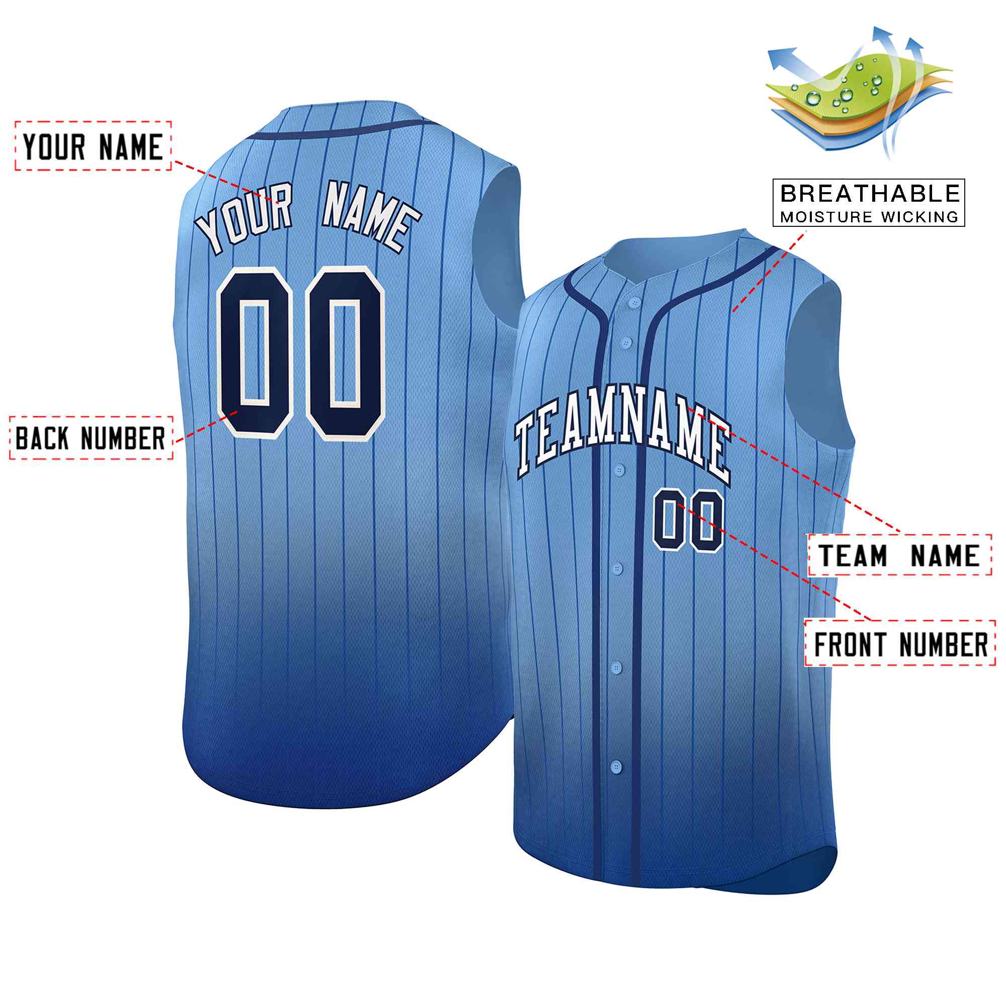 Custom Light Blue Navy Gradient stripe Fashion Authentic Sleeveless Baseball Jersey