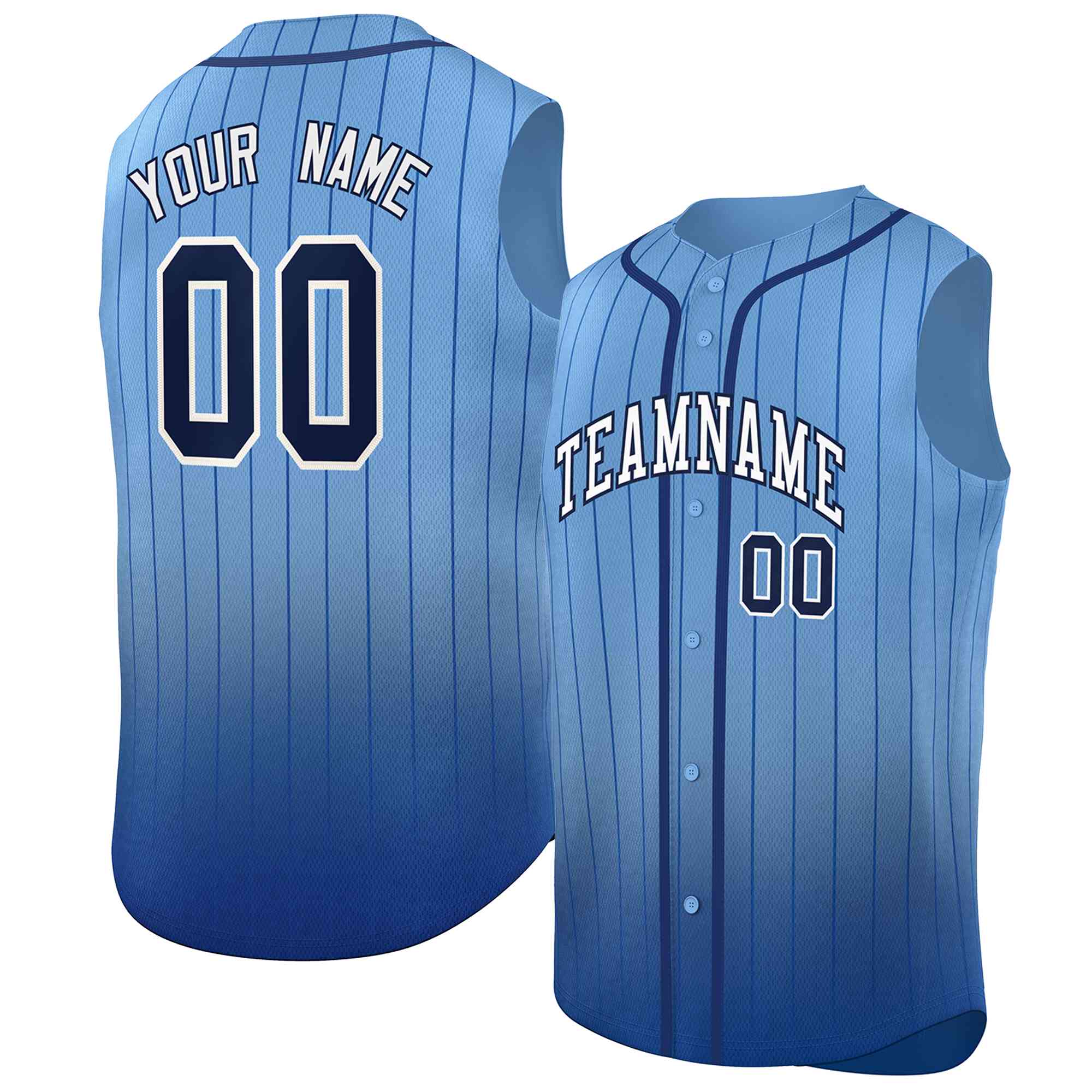 Custom Light Blue Navy Gradient stripe Fashion Authentic Sleeveless Baseball Jersey