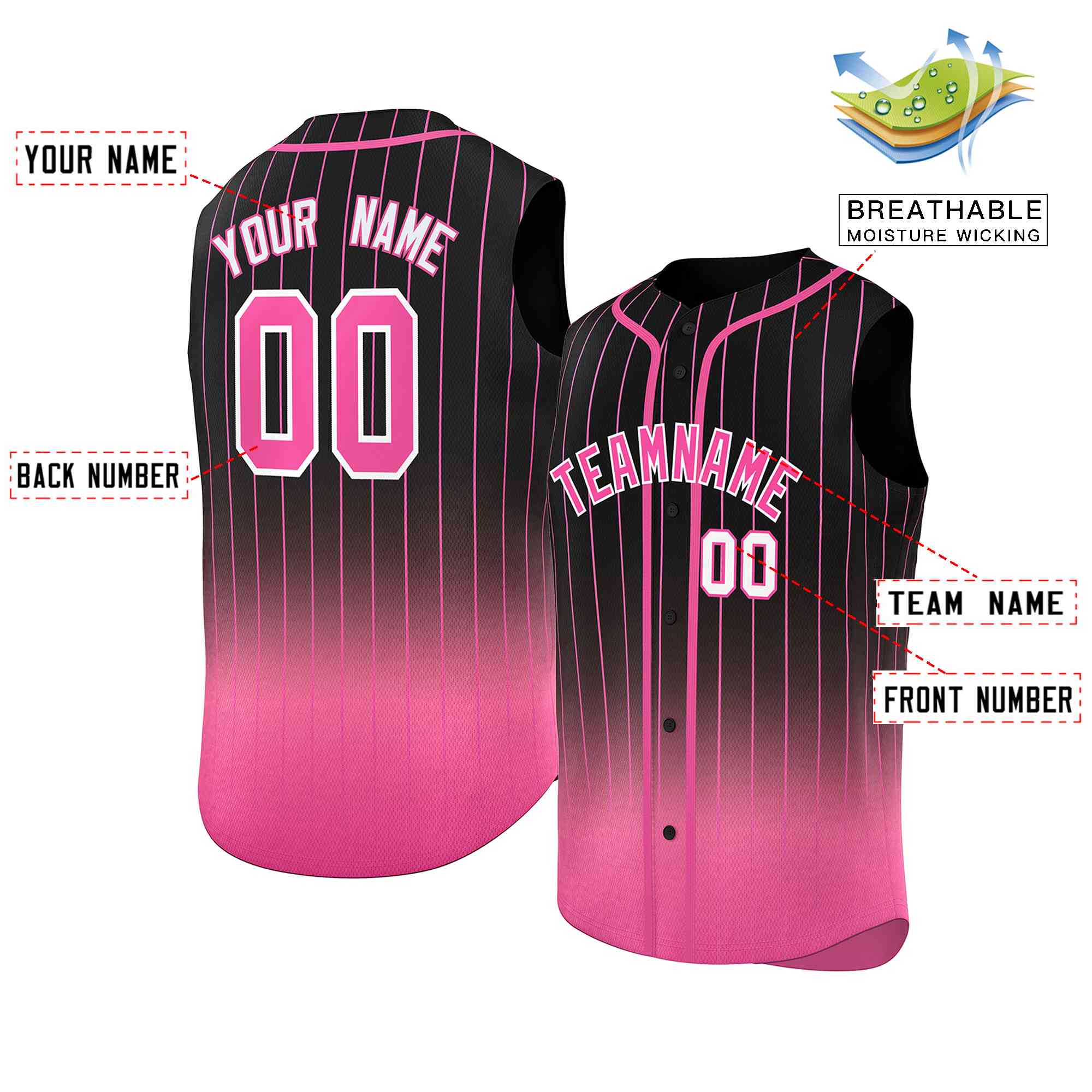 Custom Black Pink Gradient stripe Fashion Authentic Sleeveless Baseball Jersey