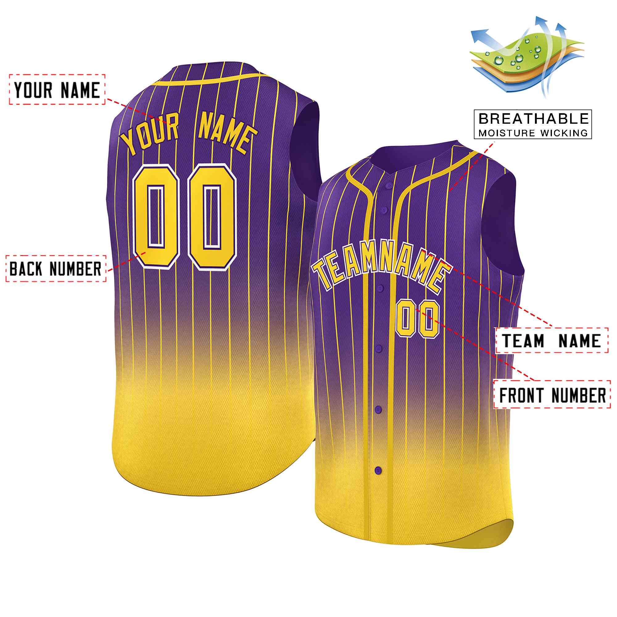 Custom Purple Yellow Gradient stripe Fashion Authentic Sleeveless Baseball Jersey