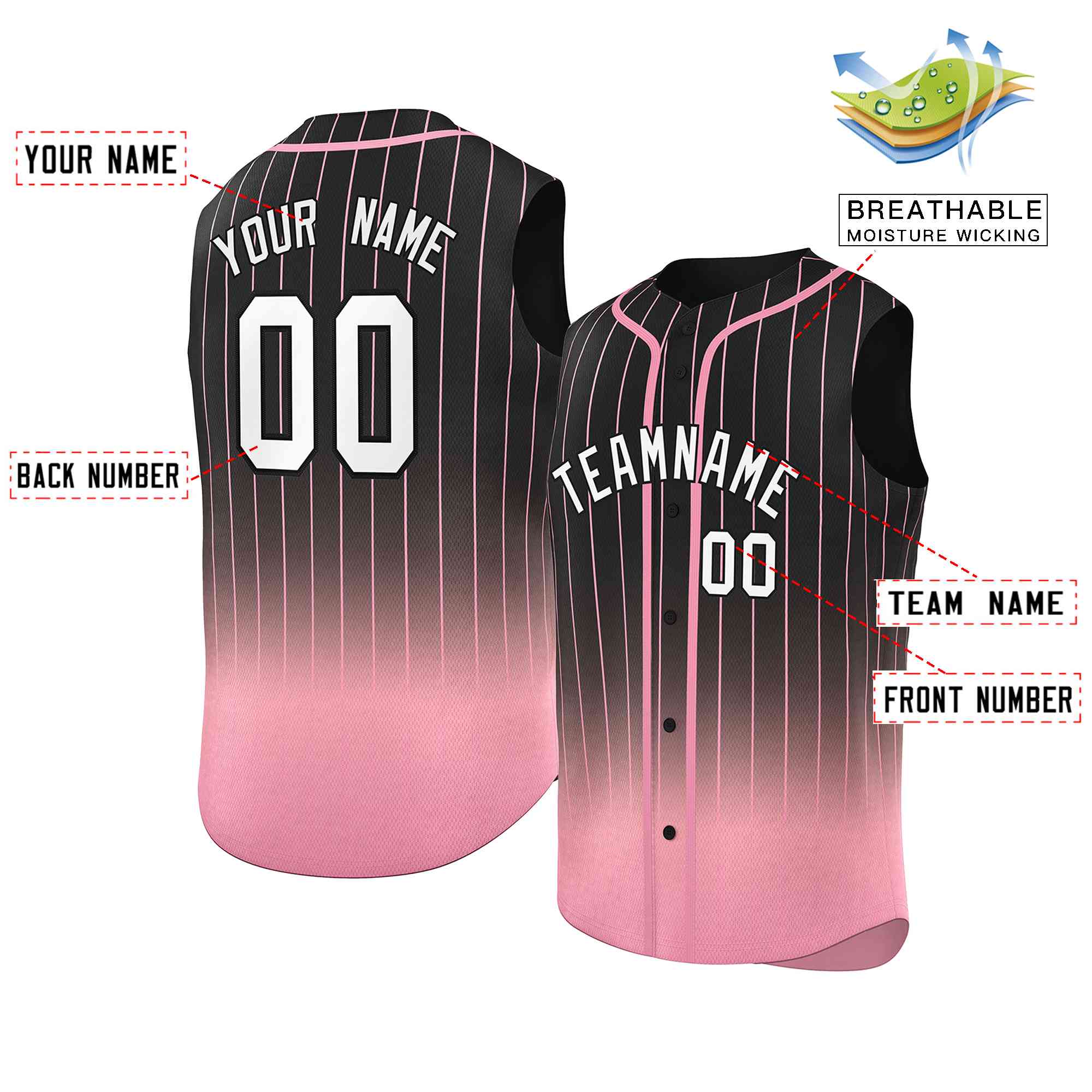 Custom Black Pink Gradient stripe Fashion Authentic Sleeveless Baseball Jersey