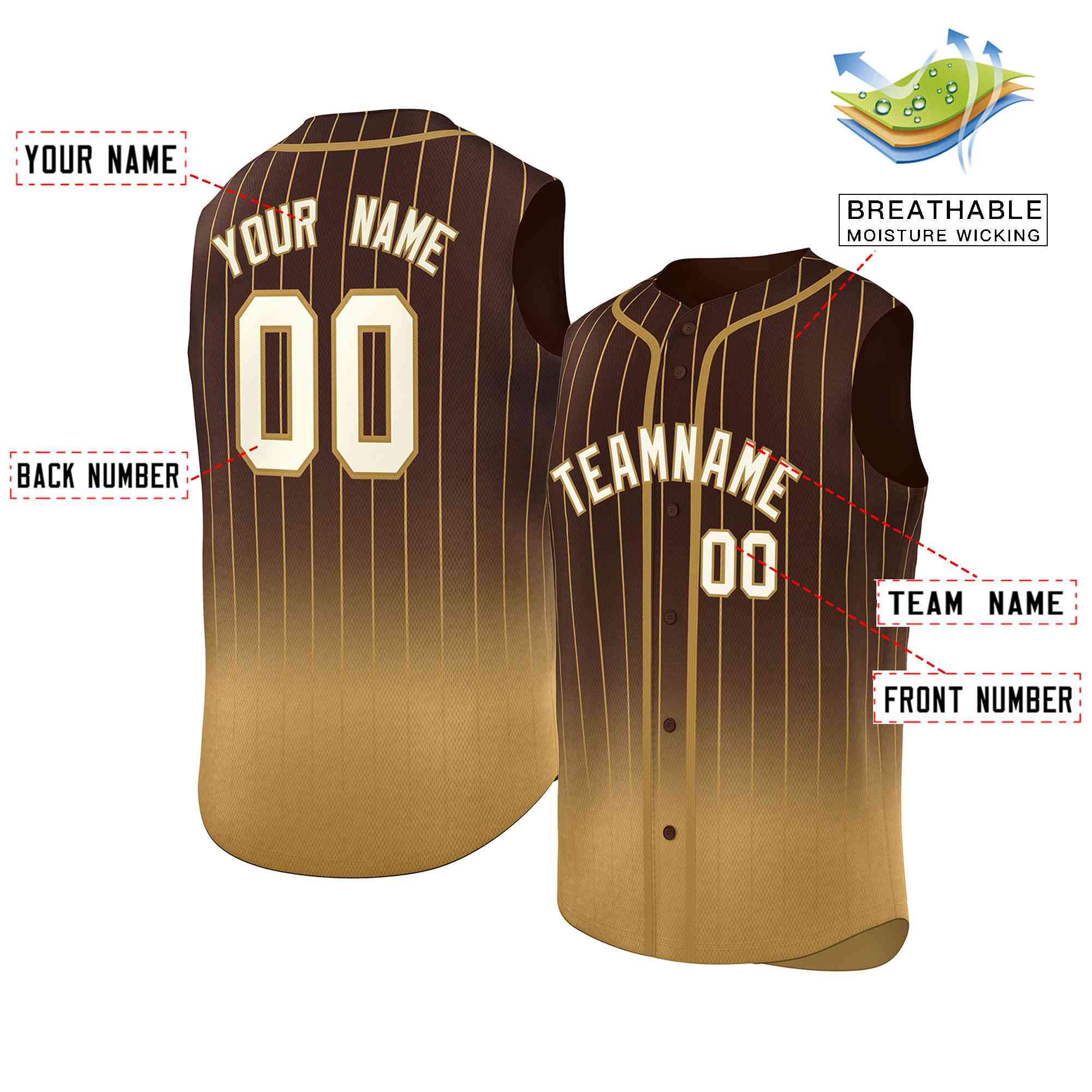 Custom Brown Old Gold Gradient stripe Fashion Authentic Sleeveless Baseball Jersey