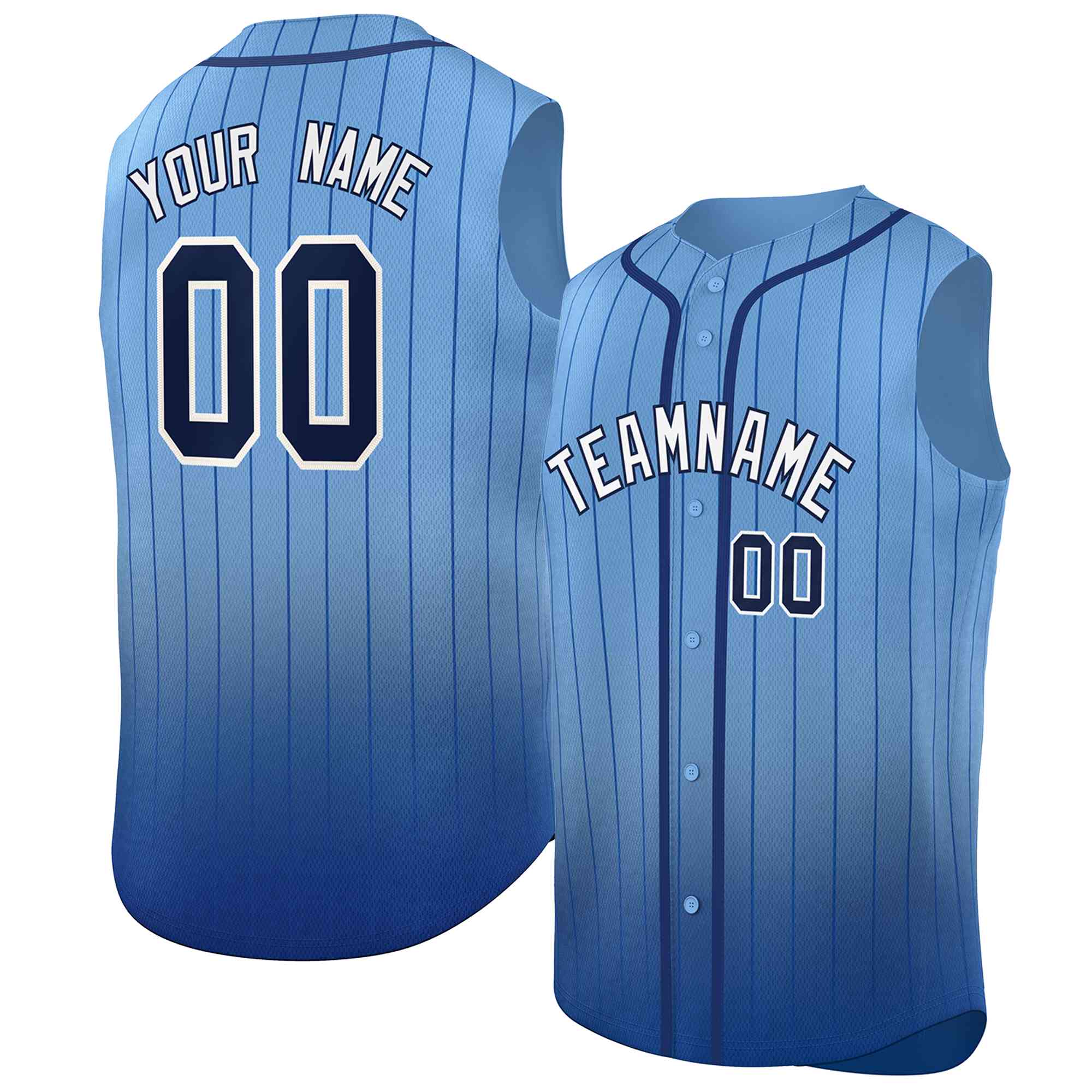 Custom Light Blue Navy Gradient stripe Fashion Authentic Sleeveless Baseball Jersey