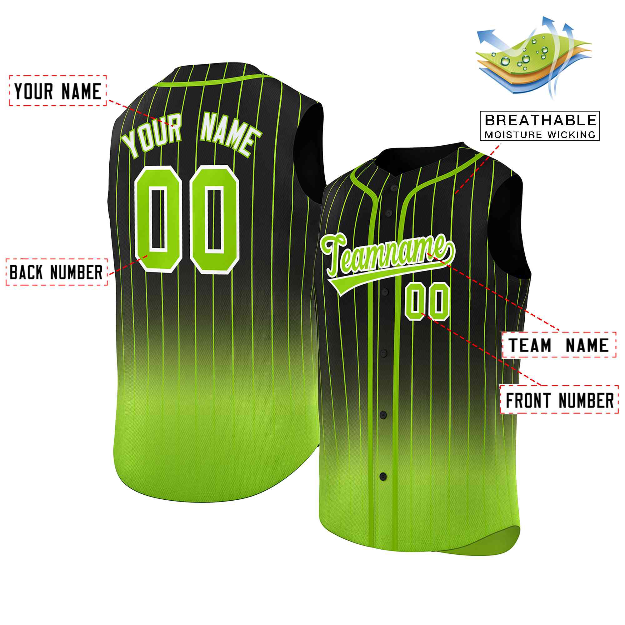 Custom Black Neon Green Gradient stripe Fashion Authentic Sleeveless Baseball Jersey