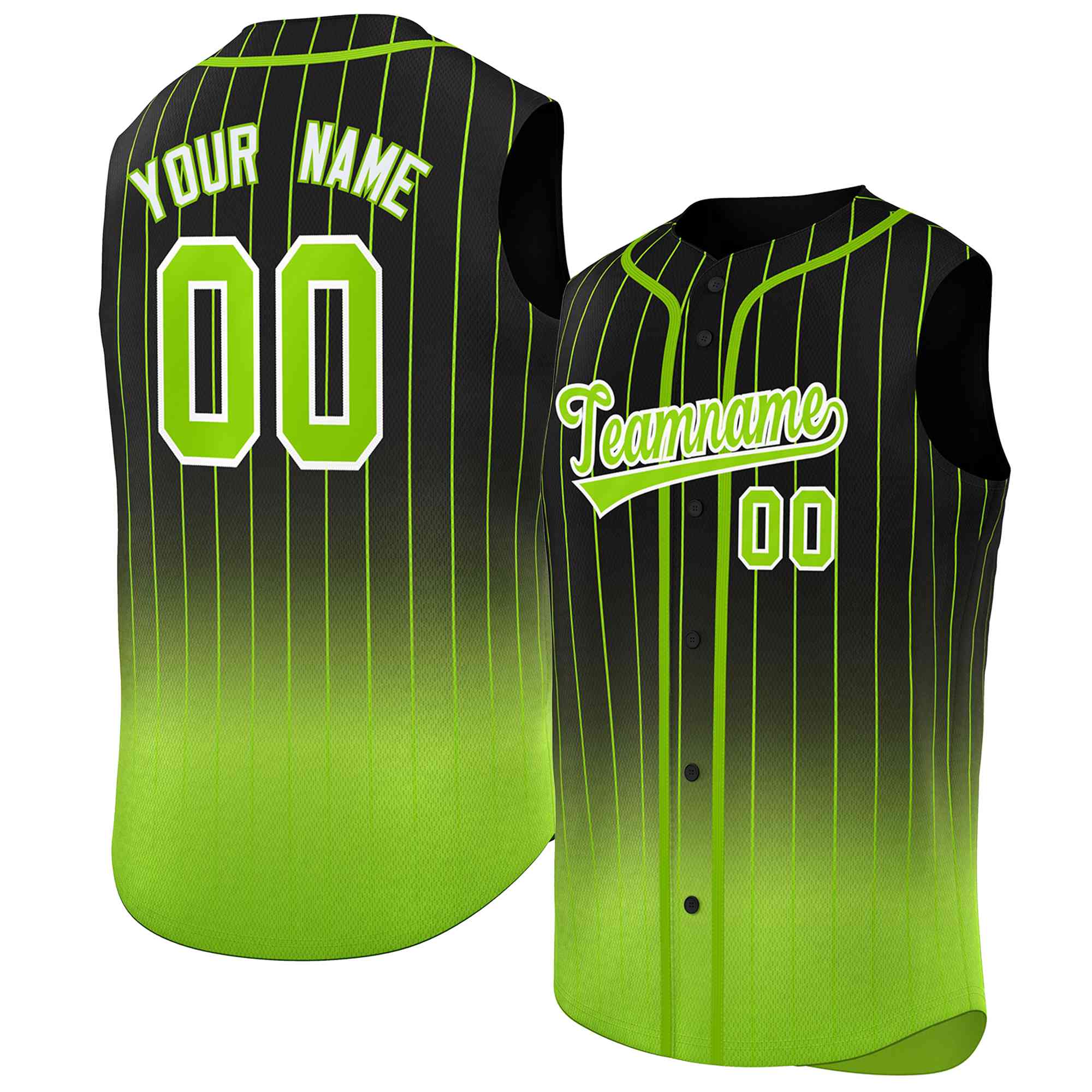 Maillot de baseball sans manches, personnalisé, noir, vert fluo, rayures dégradées, mode authentique