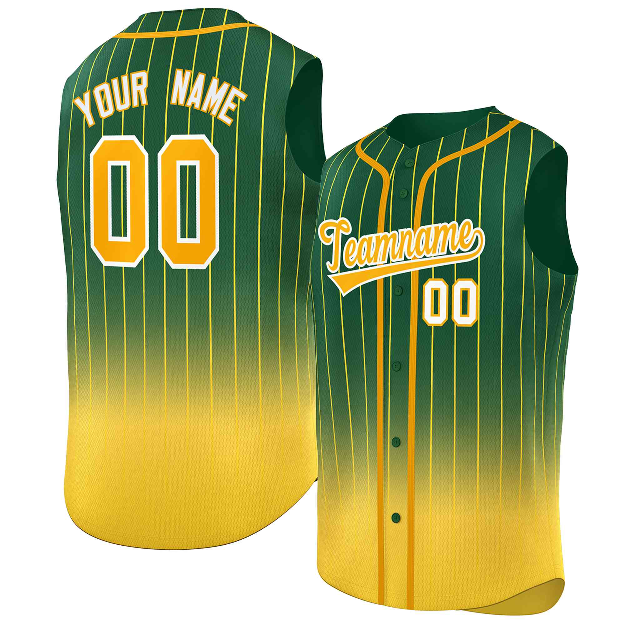 Maillot de baseball sans manches, personnalisé, à rayures dégradées, vert et jaune, à la mode, authentique, personnalisé