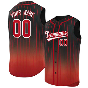 Maillot de baseball sans manches, personnalisé, à rayures dégradées, noir et rouge, à la mode, authentique, personnalisé