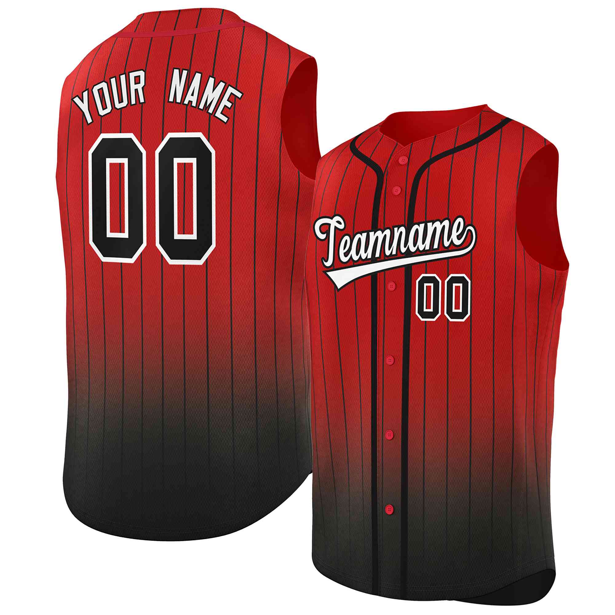 Maillot de baseball sans manches, personnalisé, à rayures dégradées, rouge et noir, à la mode, authentique, personnalisé