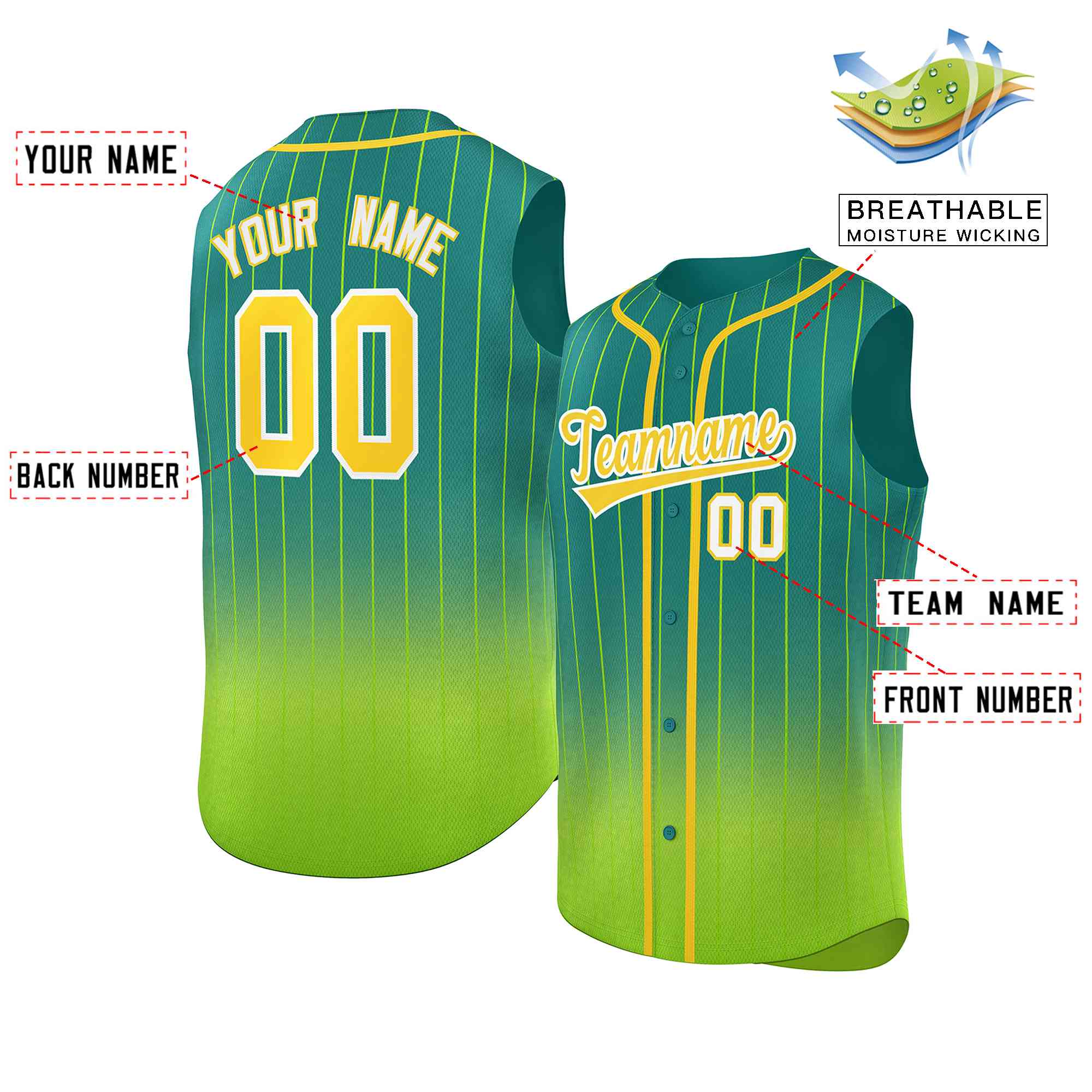 Custom Kelly Green Neon Green Gradient stripe Fashion Authentic Sleeveless Baseball Jersey