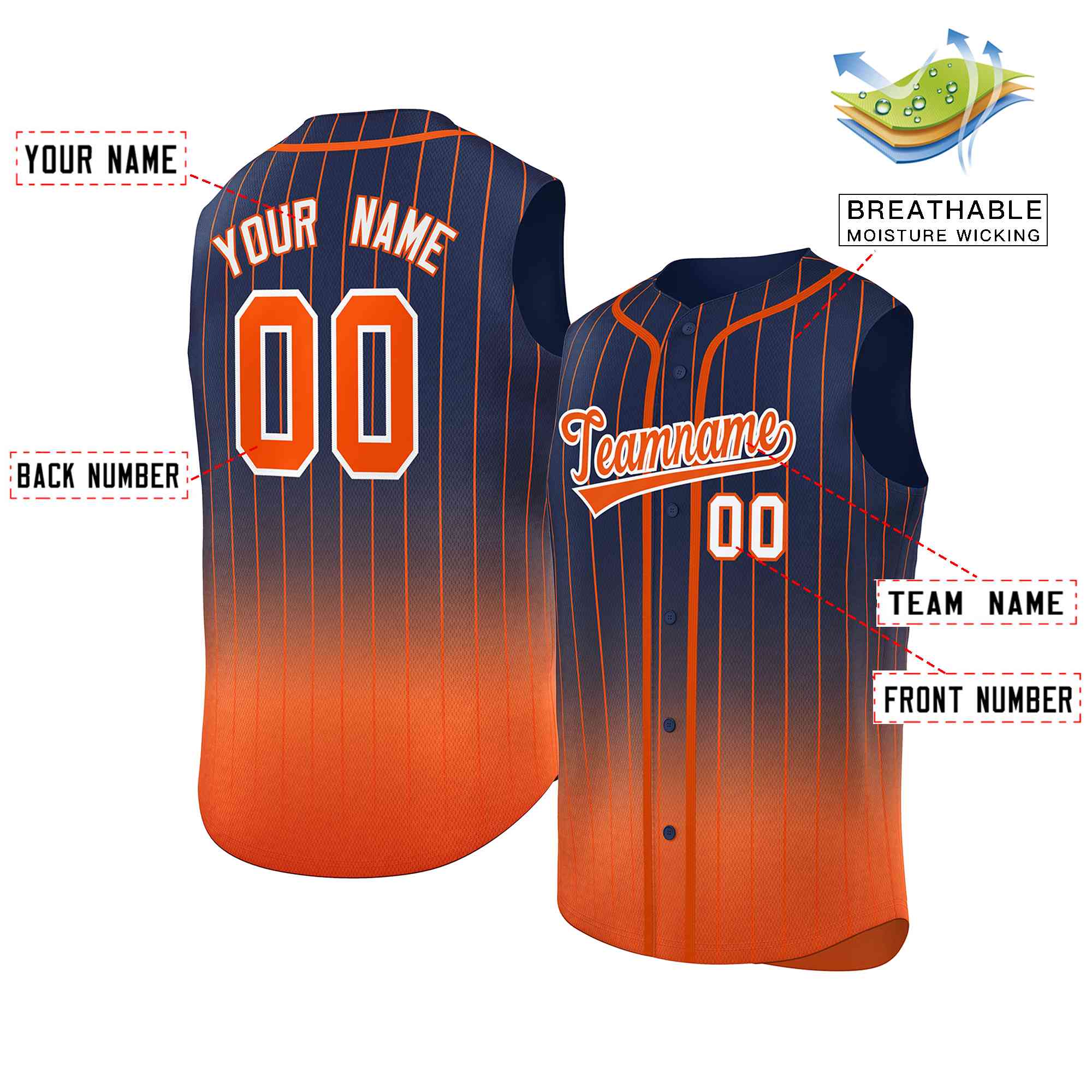 Custom Navy Orange Gradient stripe Fashion Authentic Sleeveless Baseball Jersey