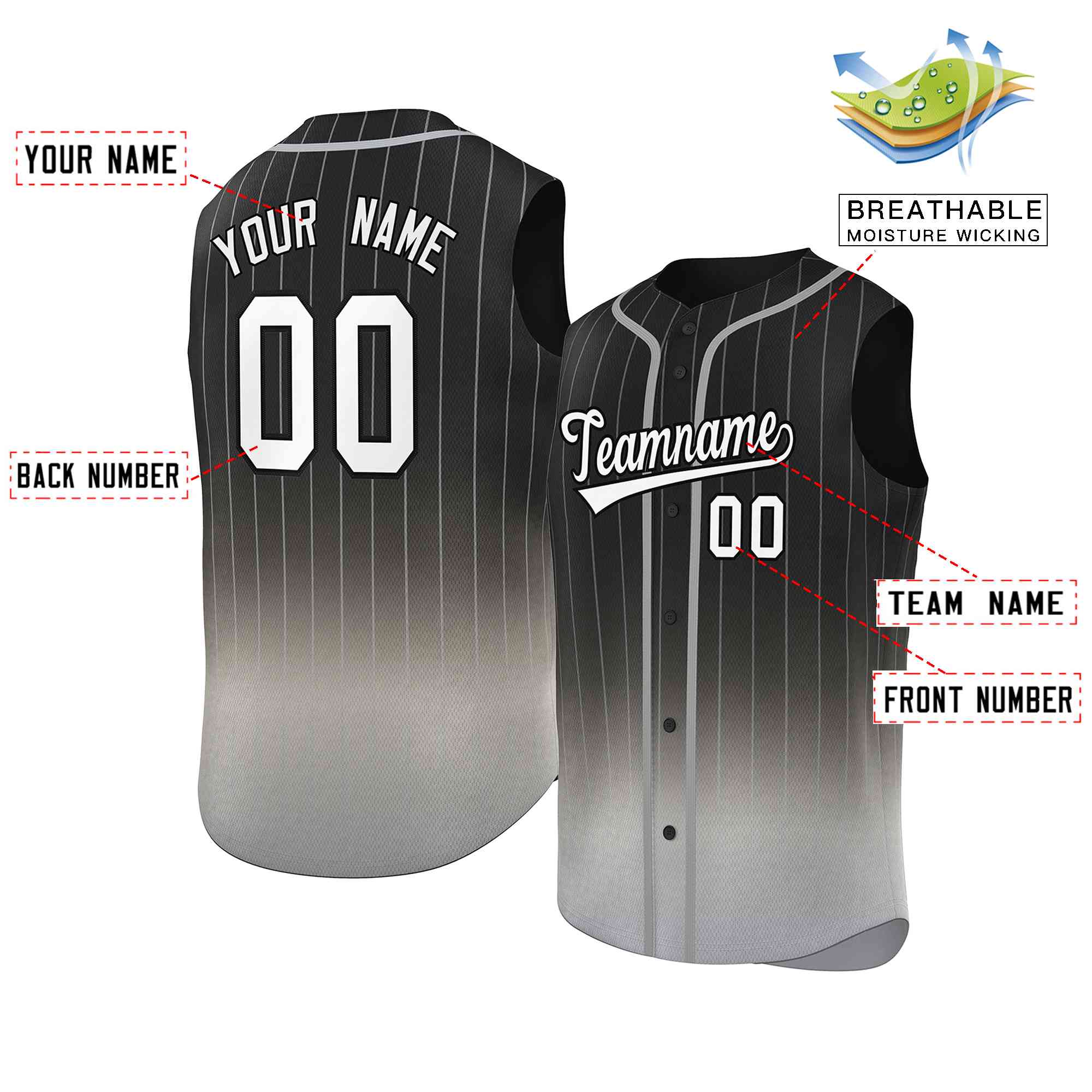 Custom Black Gray Gradient stripe Fashion Authentic Sleeveless Baseball Jersey