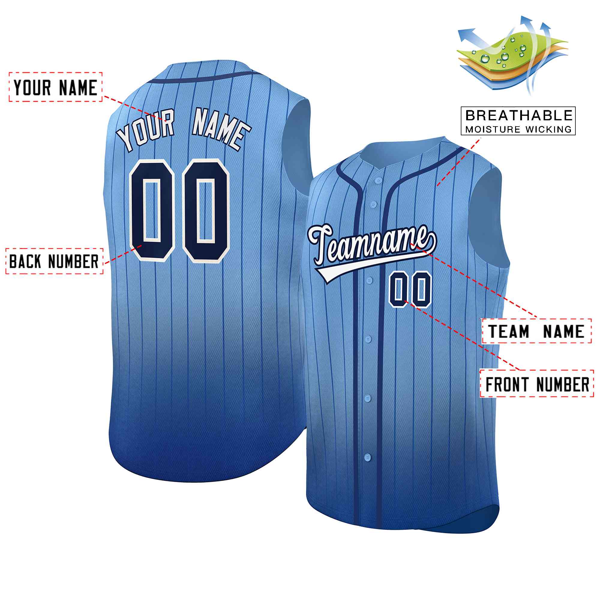 Custom Light Blue Navy Gradient stripe Fashion Authentic Sleeveless Baseball Jersey