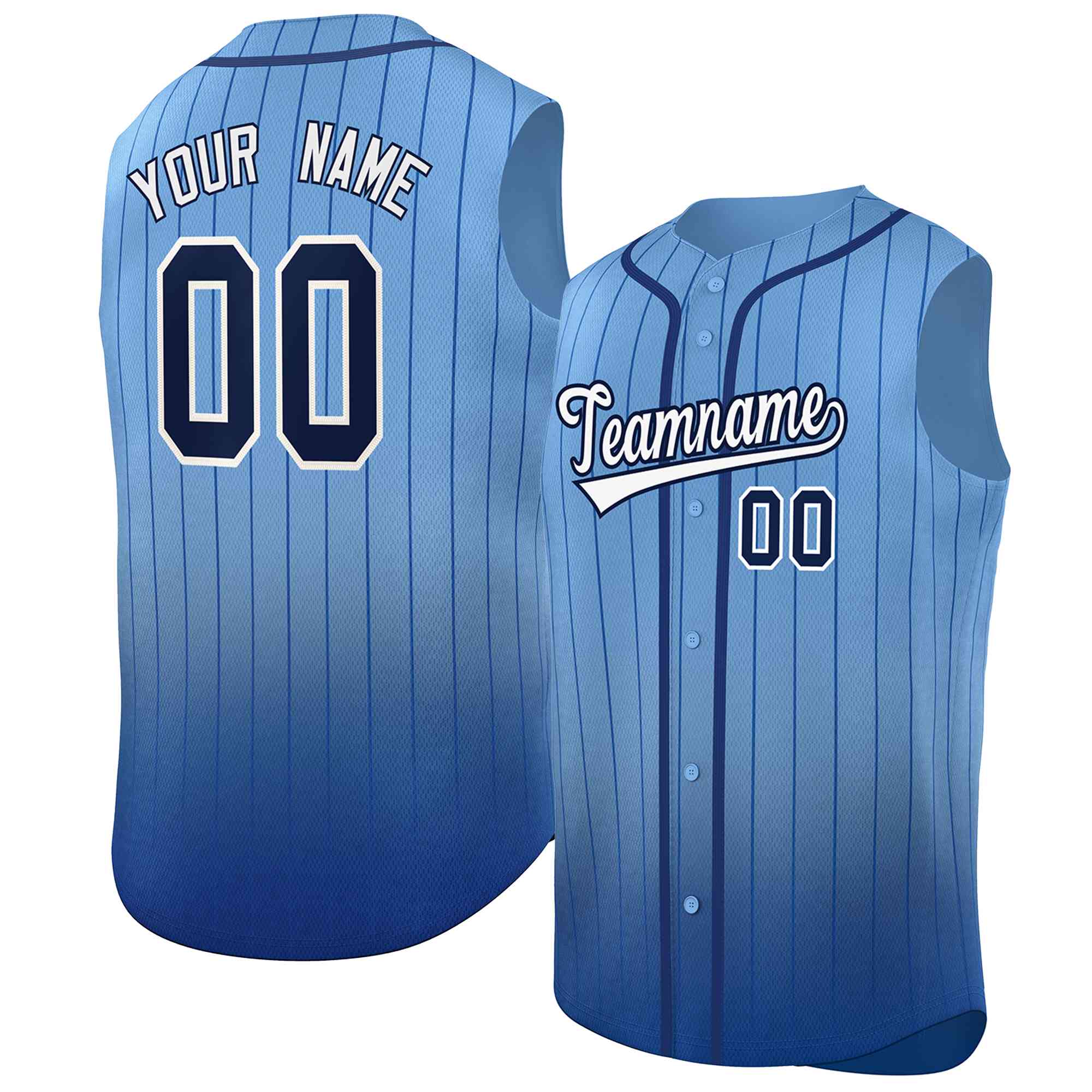 Maillot de baseball sans manches, personnalisé, bleu clair, bleu marine, rayures dégradées, mode authentique