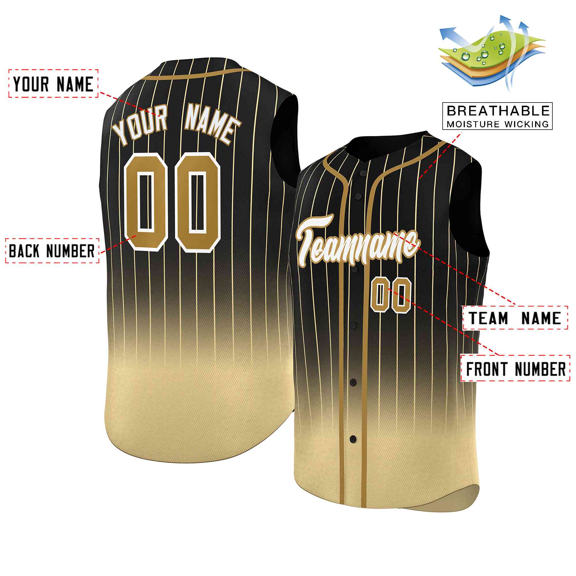 Custom Black Khaki Gradient stripe Fashion Authentic Sleeveless Baseball Jersey