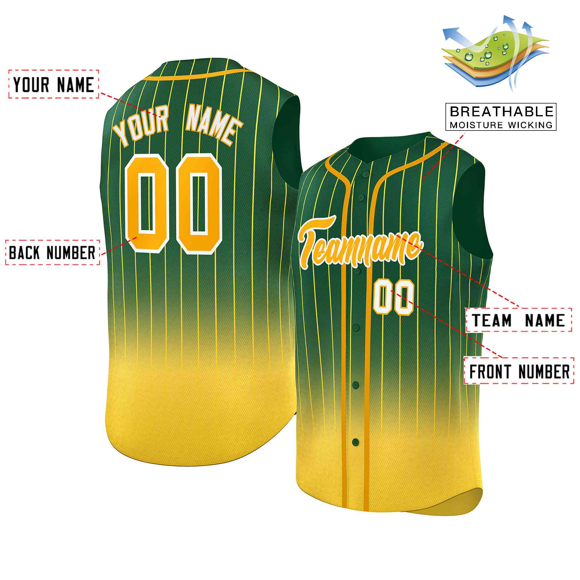 Custom Green Yellow Gradient stripe Fashion Authentic Sleeveless Baseball Jersey