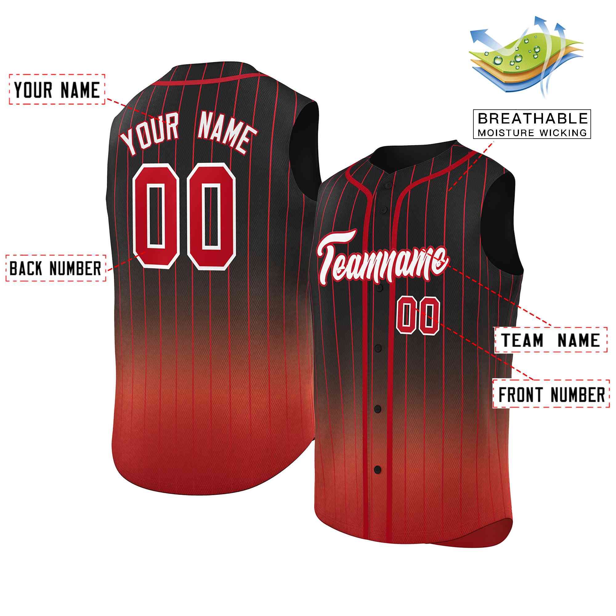 Custom Black Red Gradient stripe Fashion Authentic Sleeveless Baseball Jersey