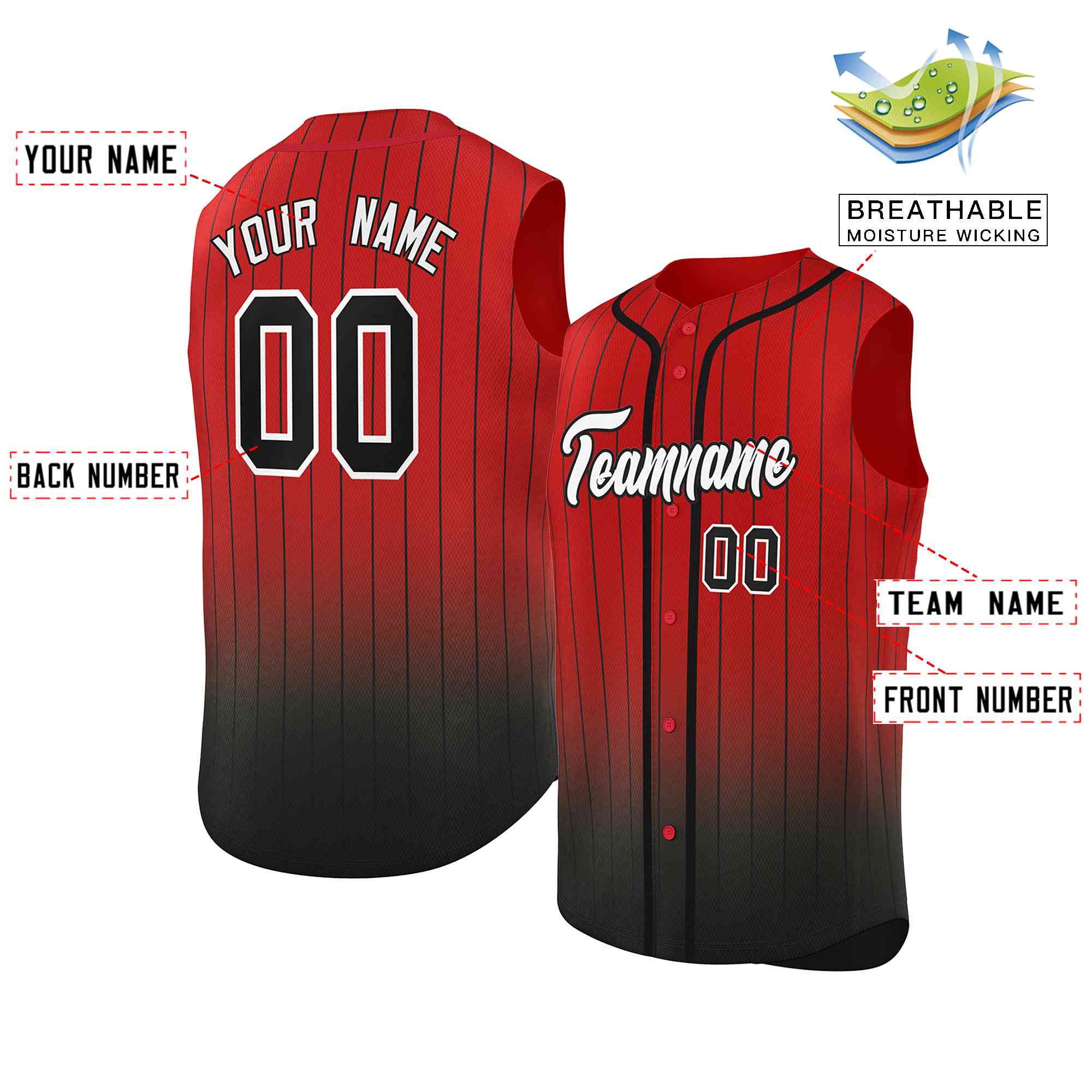 Custom Red Black Gradient stripe Fashion Authentic Sleeveless Baseball Jersey