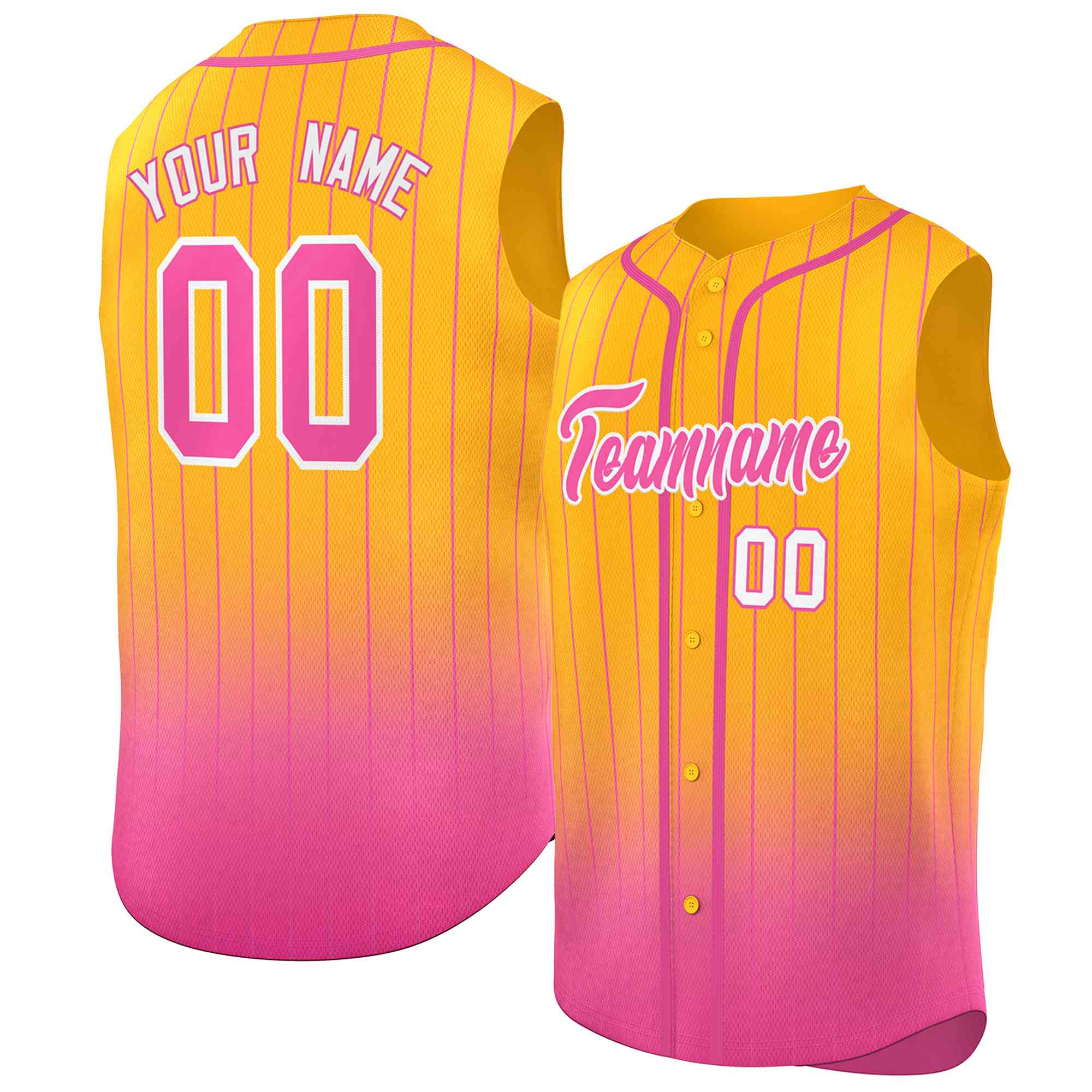 Maillot de baseball sans manches, personnalisé, à rayures dégradées jaunes et roses, à la mode, authentique, personnalisé